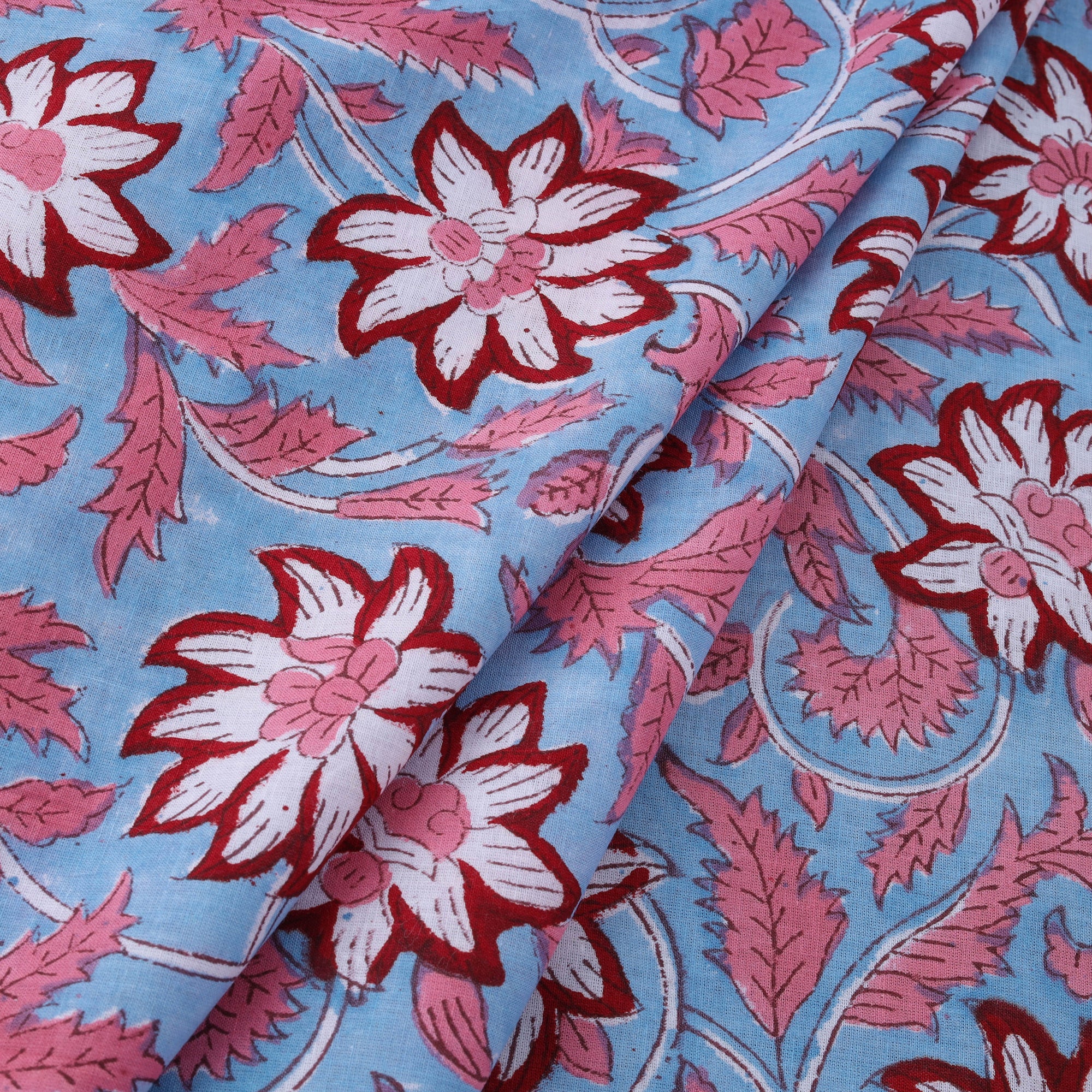 ARTISAN HAND BLOCK PRINTS Blue - Floral Sanganeri Block Print Cotton Fabric 11 - view 2