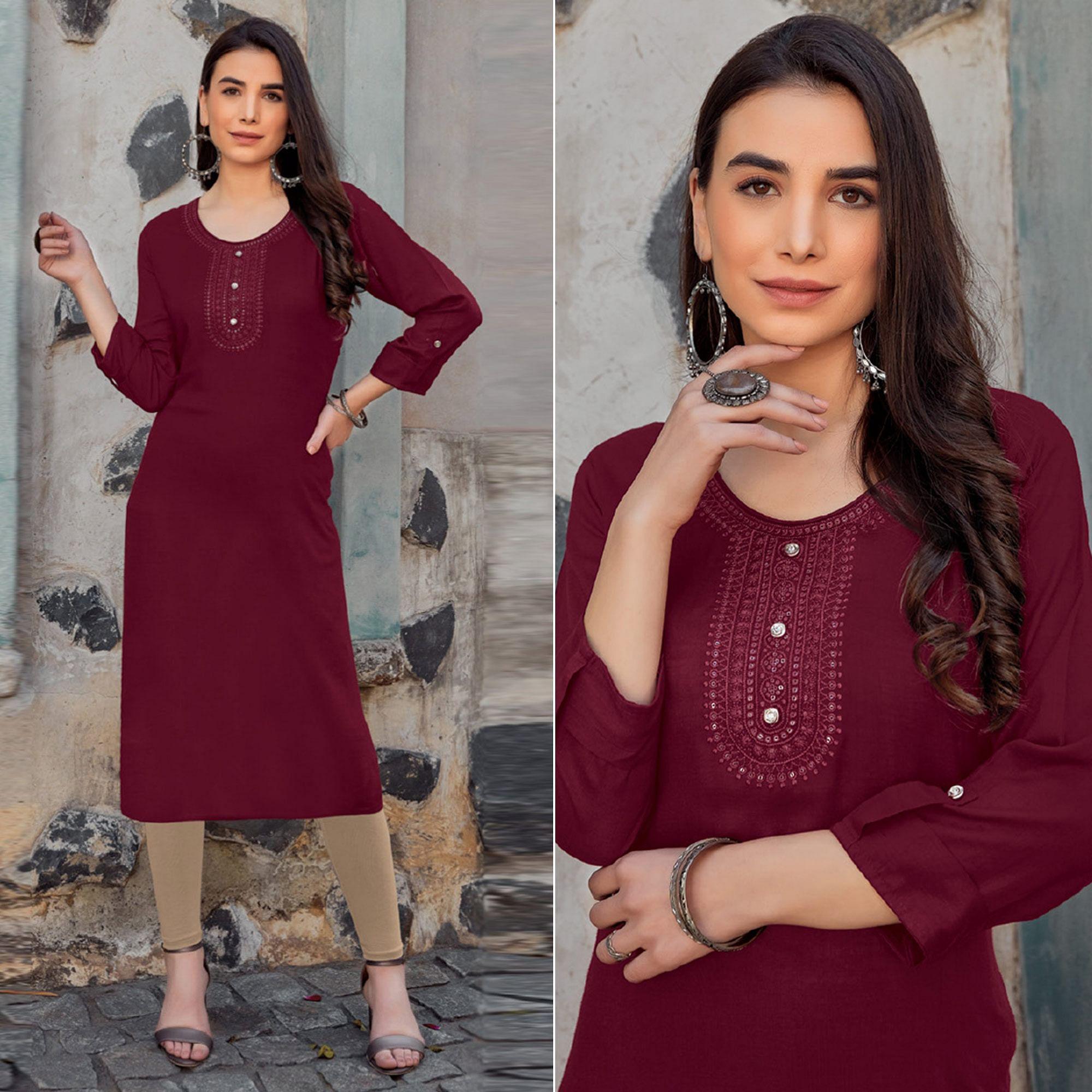Peachmode Seller Maroon Sequins Embroidered Pure Cotton Kurti