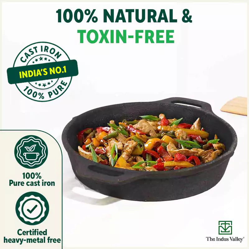 The Indus Valley CASTrong Cast Iron Fry Pan, 2 Handles, Pre-seasoned, Nonstick, 100% Pure, Toxin-free, Induction, 24.6cm, 1.8L, 2.6kg - view 5