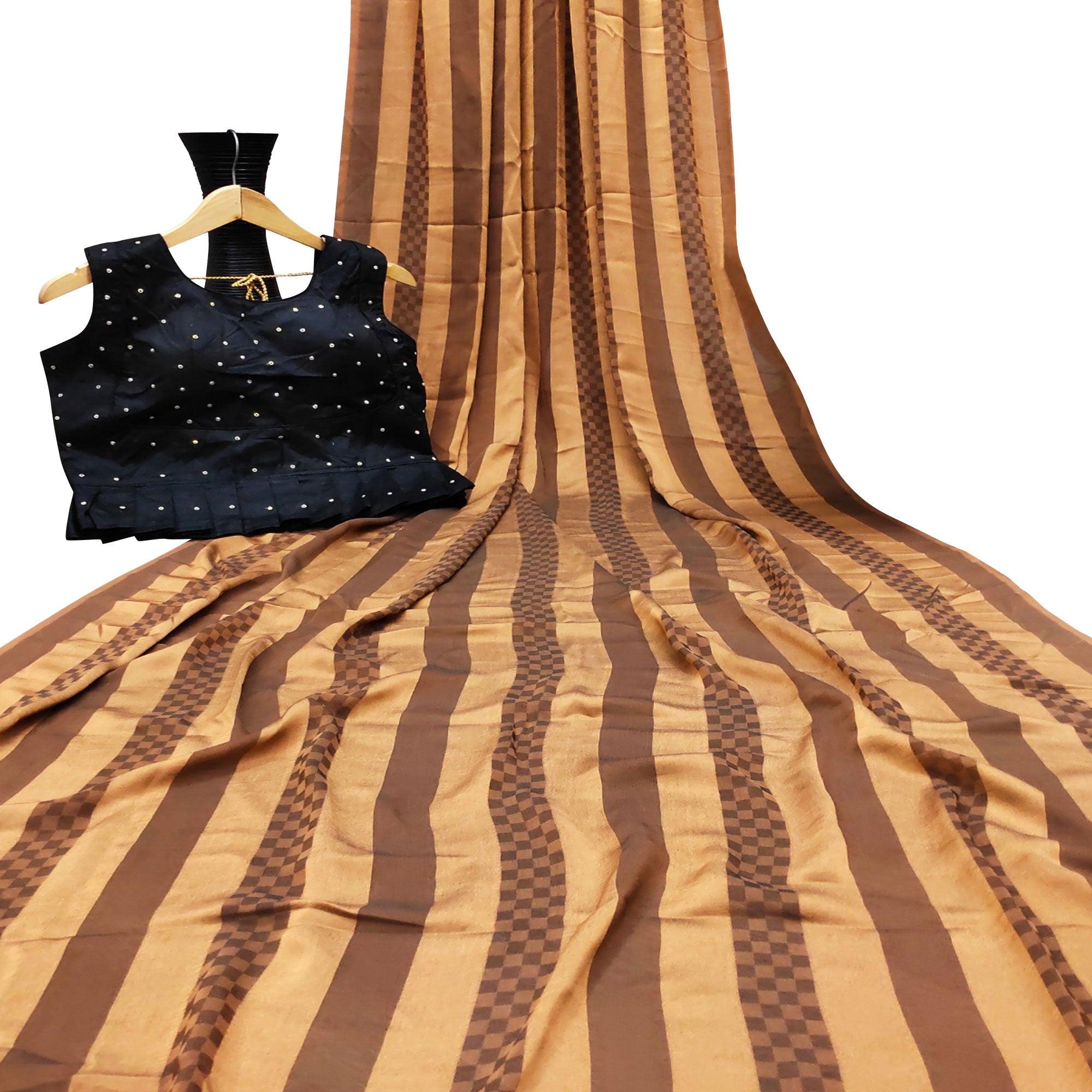 Peachmode Fantastic Beige Colored Partywear Printed Brasso Saree