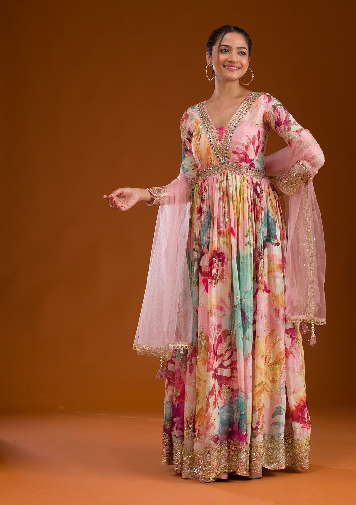 Koskii Pink Stonework Semi Crepe Readymade Salwar Suit