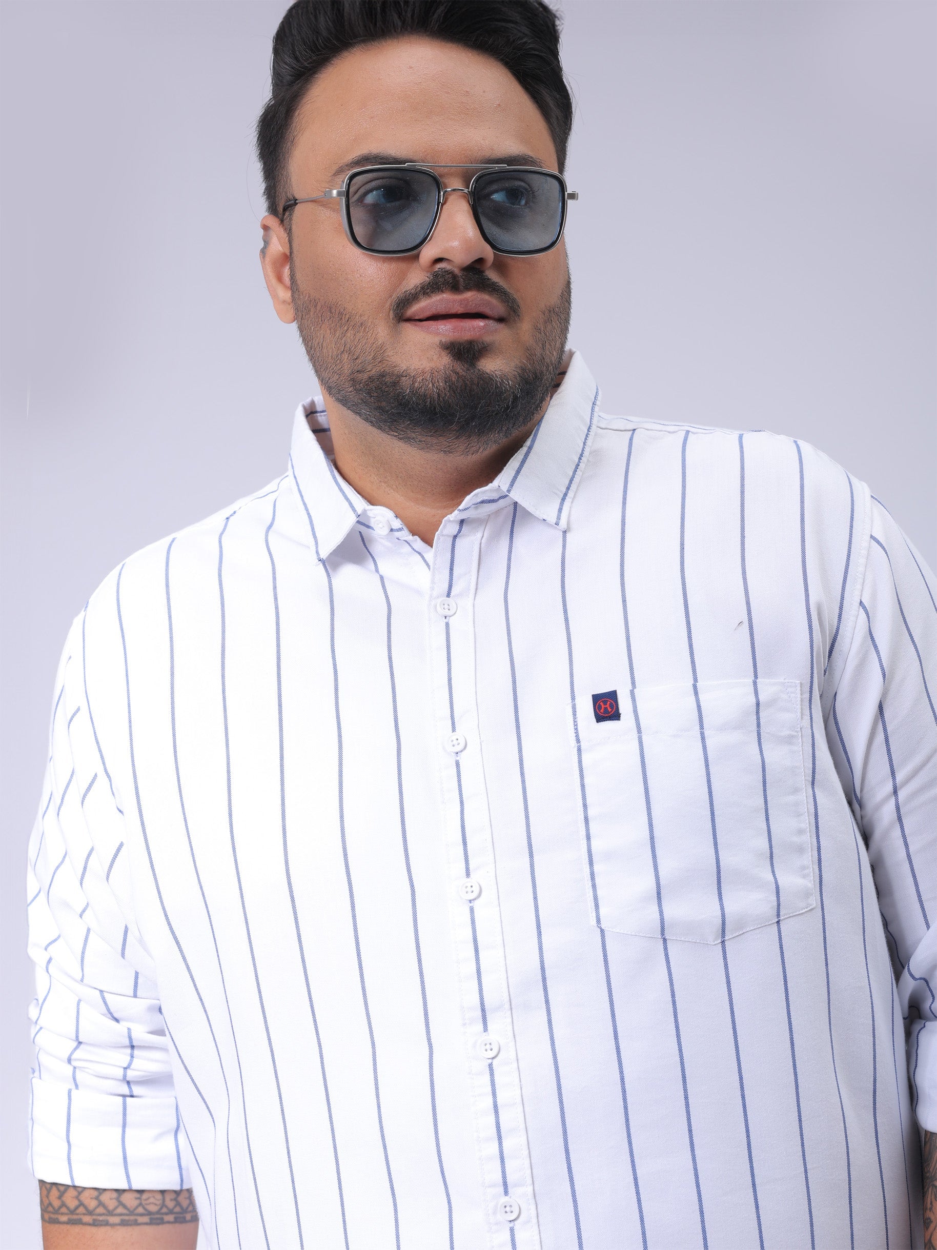 HARDSODA Men's Plus Size White Regular Fit Vertical Striped Casual Shirt