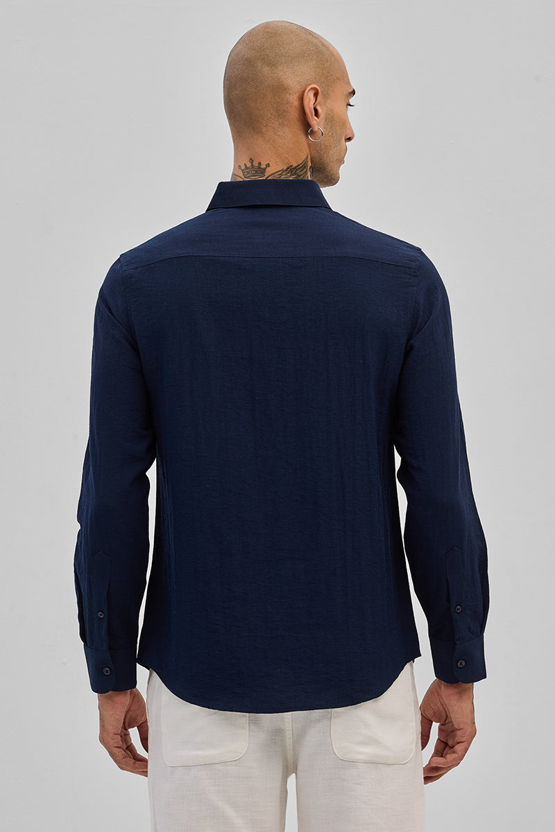 SNITCH Navy Slim Fit Linen Shirt - view 7