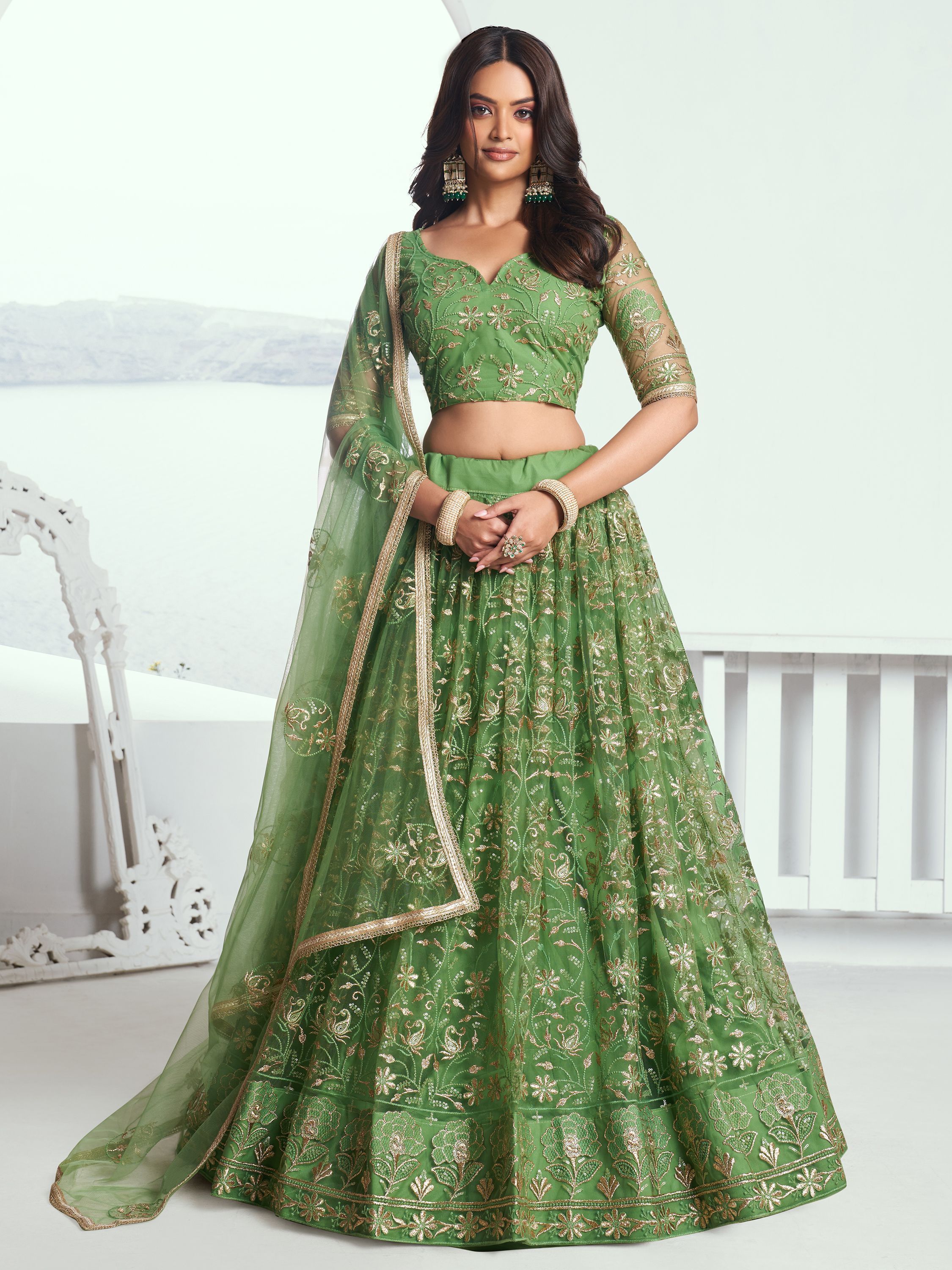 ClothsVilla Elegant Green Embroidered Net Mehendi Lehenga Choli