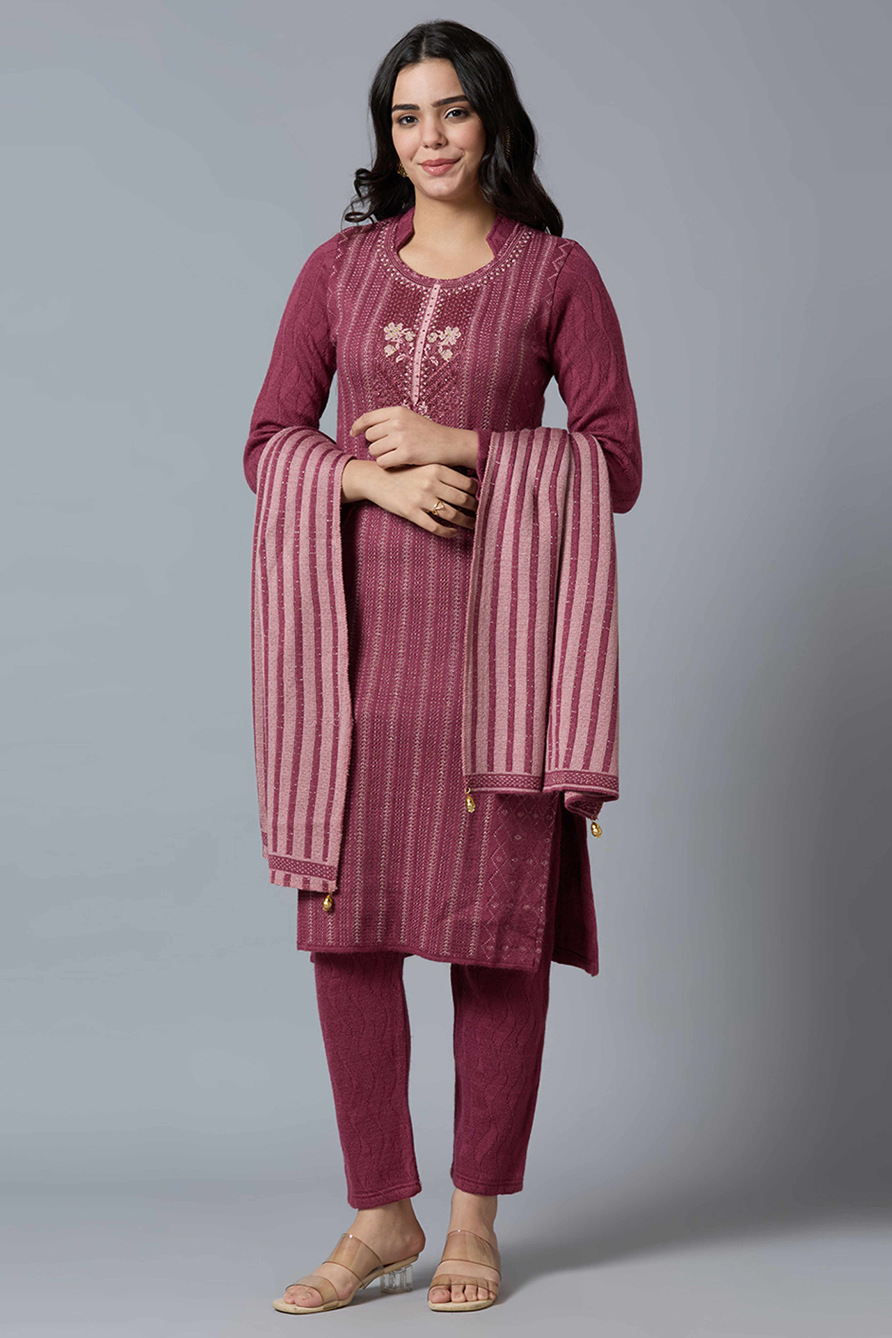 Peachmode Maroon Woven Woolen Straight Salwar Suit
