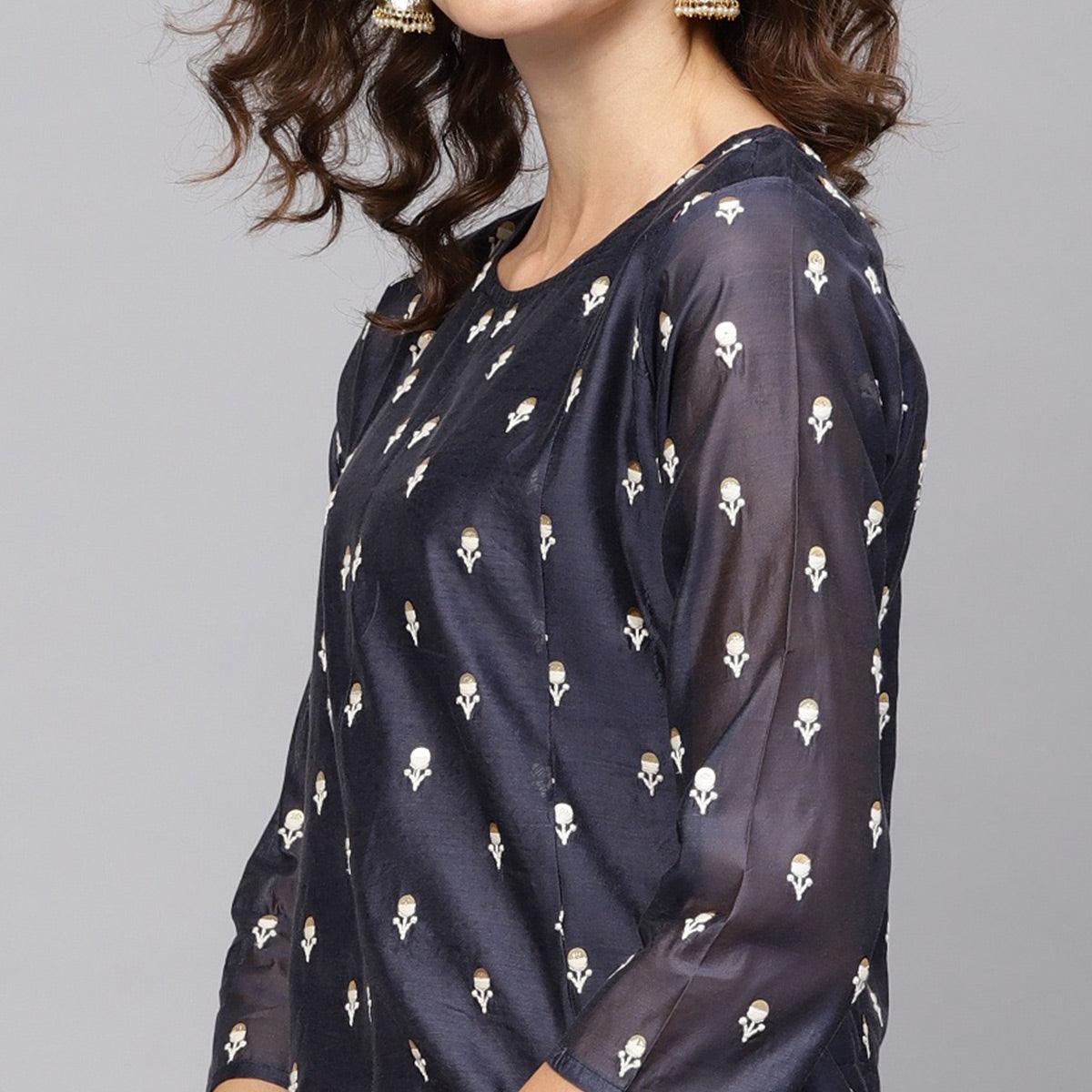 Peachmode Eye-catching Navy Blue Colored Party Wear Embroidered Art Silk Kurti-Dhoti Set - view 2