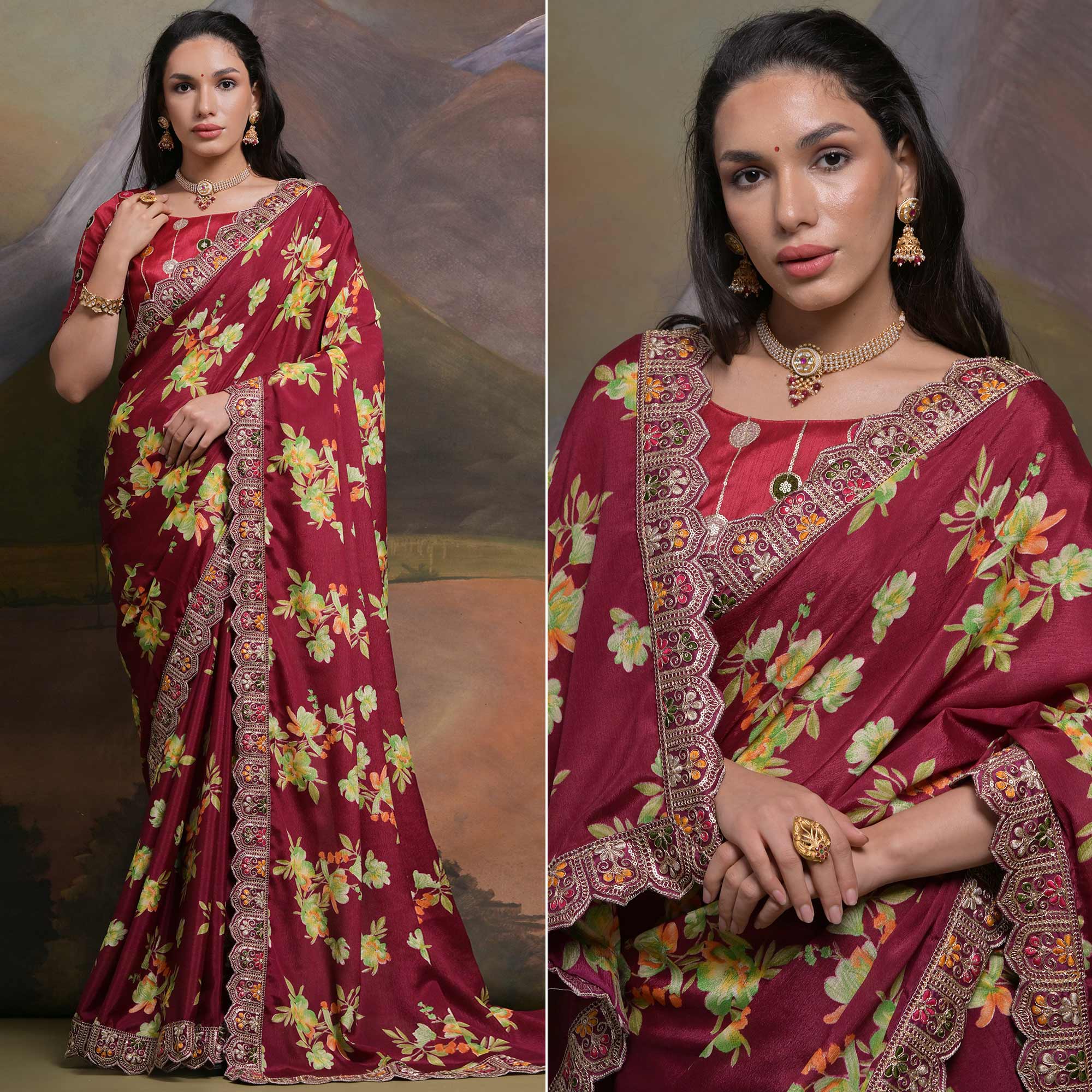 Peachmode Maroon Floral Printed Chinon Saree With Embroidered Border