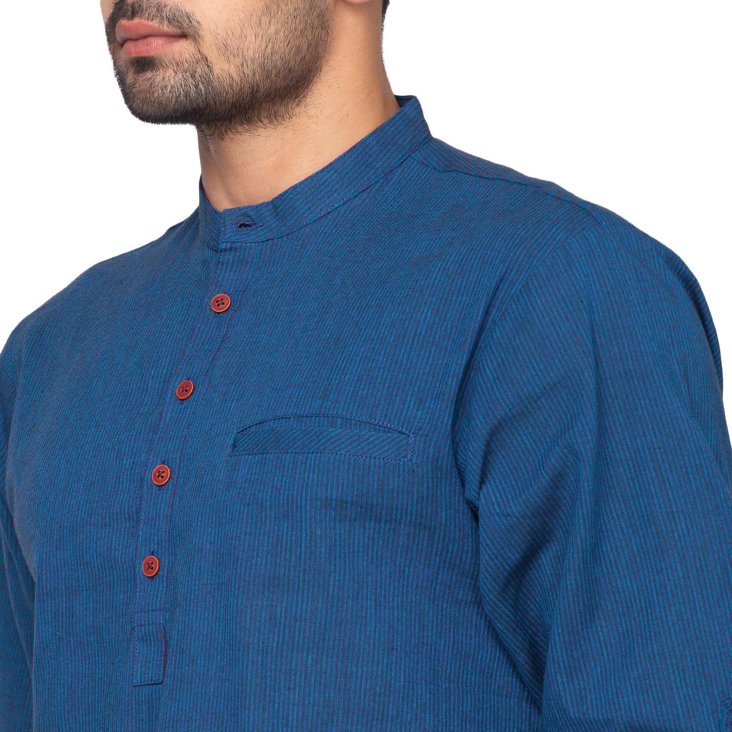 Peachmode Blue Solid Pure Cotton Short Kurta – Men's - view 2