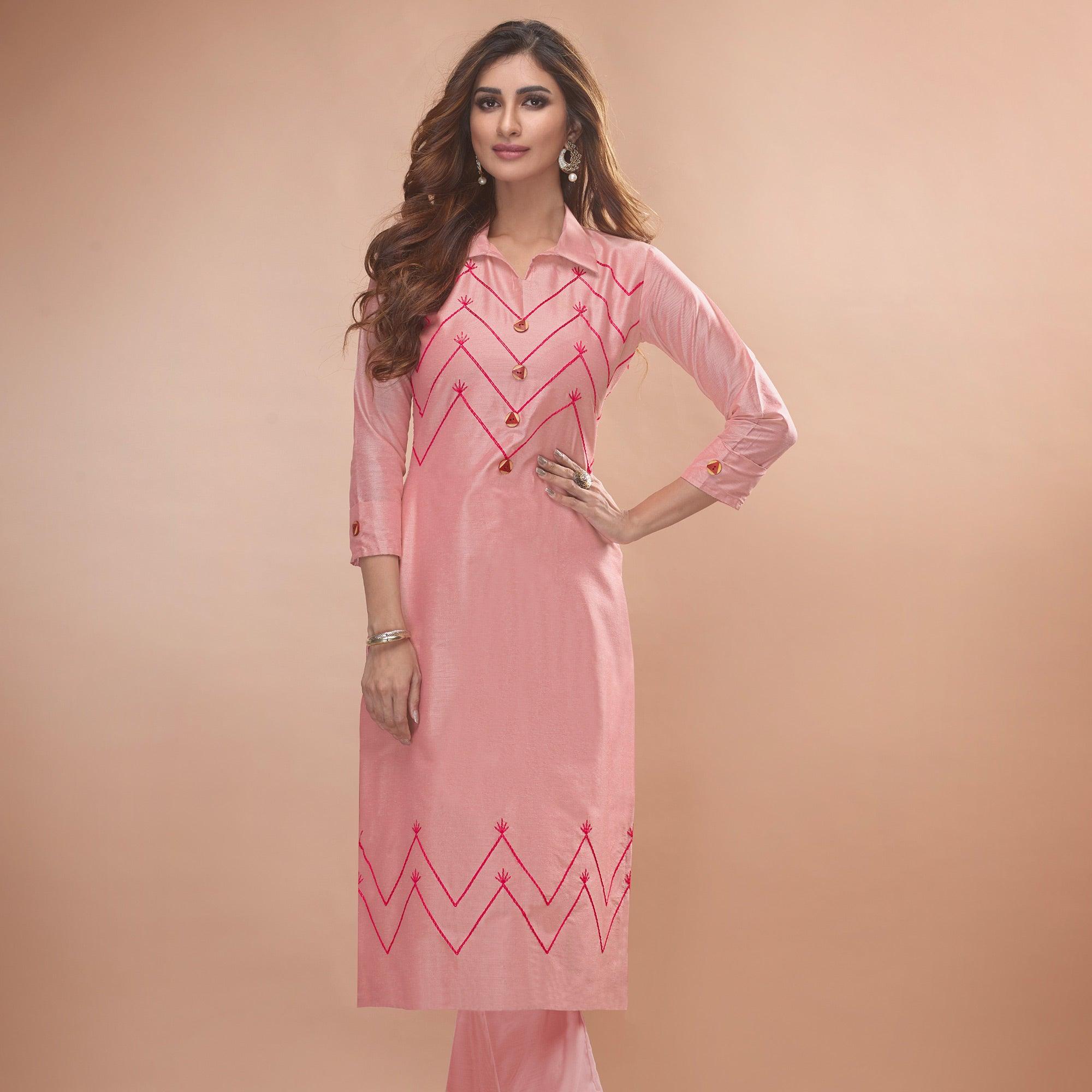 Peachmode Seller Captivating Pink Colored Partywear Embroidered Viscose Kurti