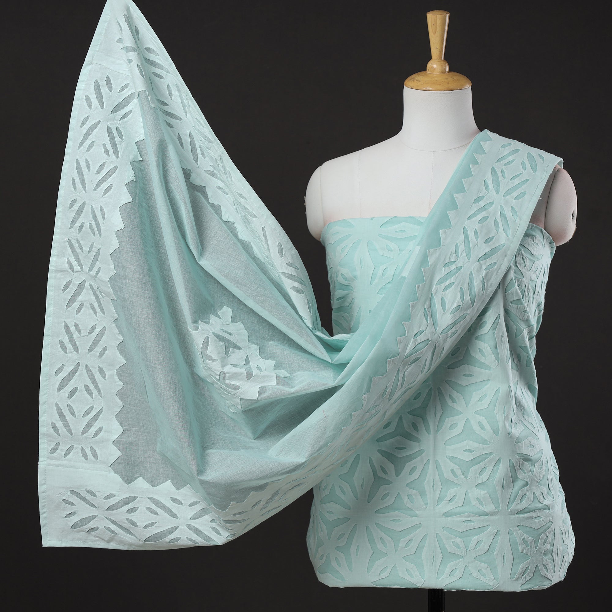 SHADES OF MARUDHARA 3pc Barmer Applique Cut Work Cotton Suit Material Set 04