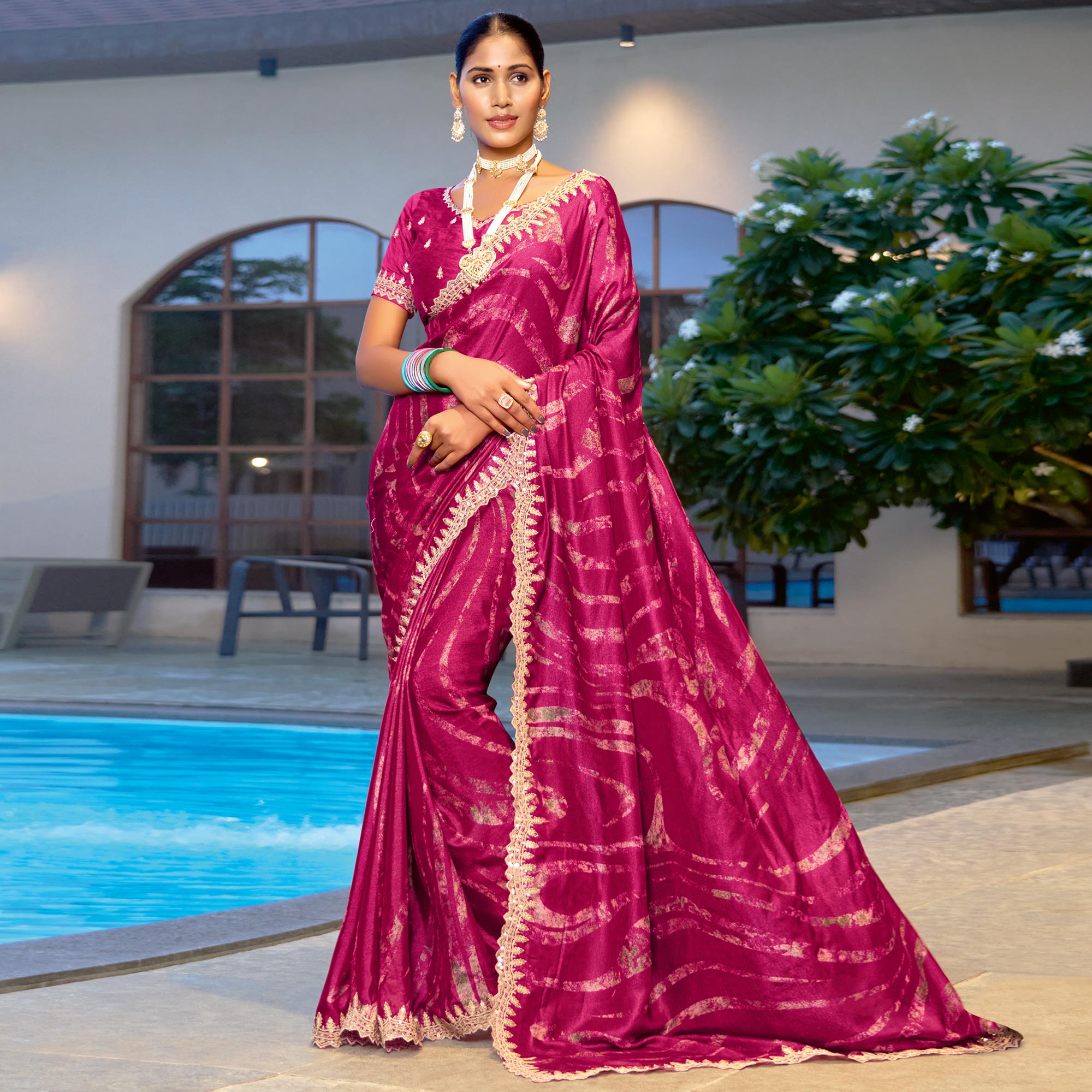 Peachmode Magenta Printed Chiffon Saree With Sequins Border - view 2