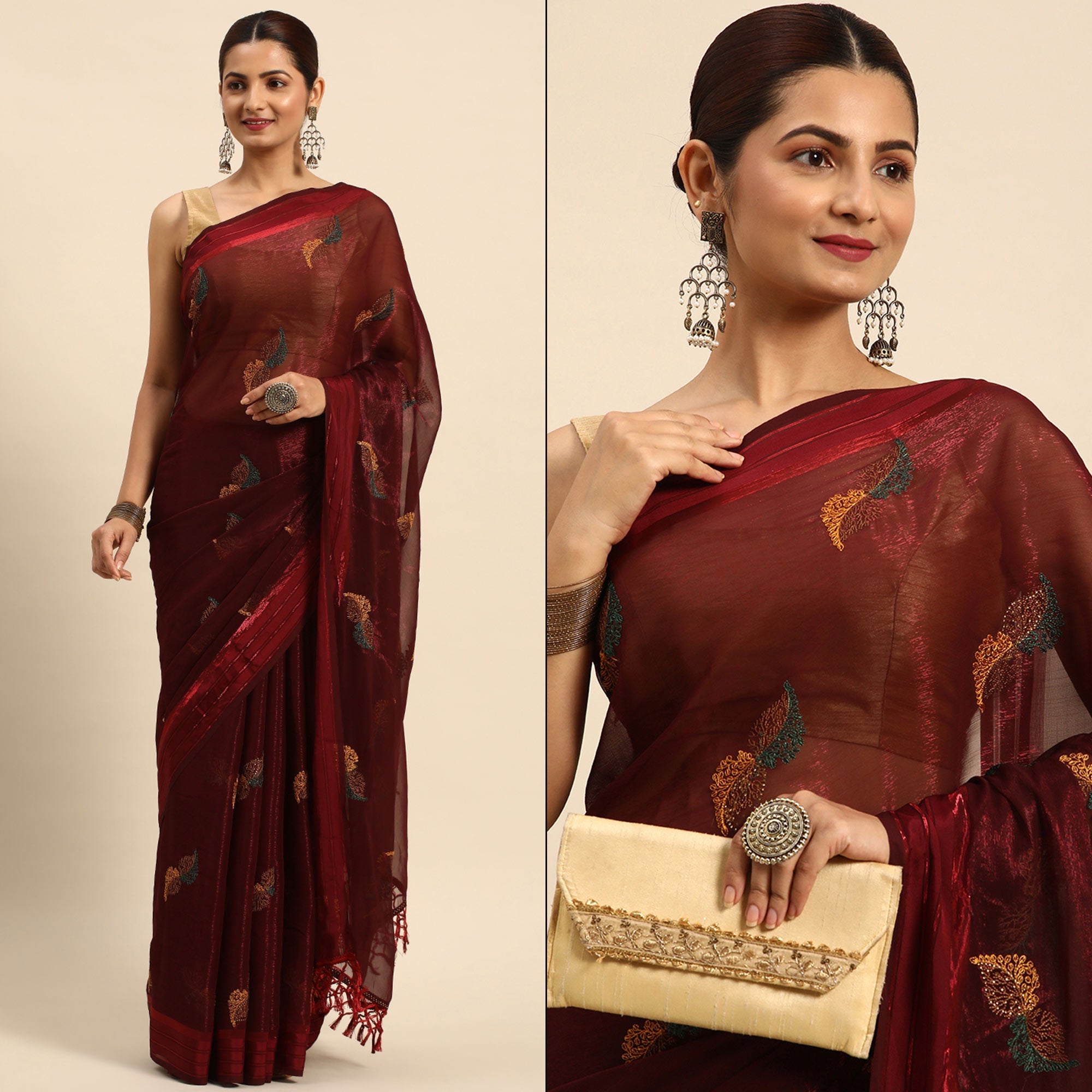Peachmode Maroon Swarovski With Embroidery Work Chiffon Saree