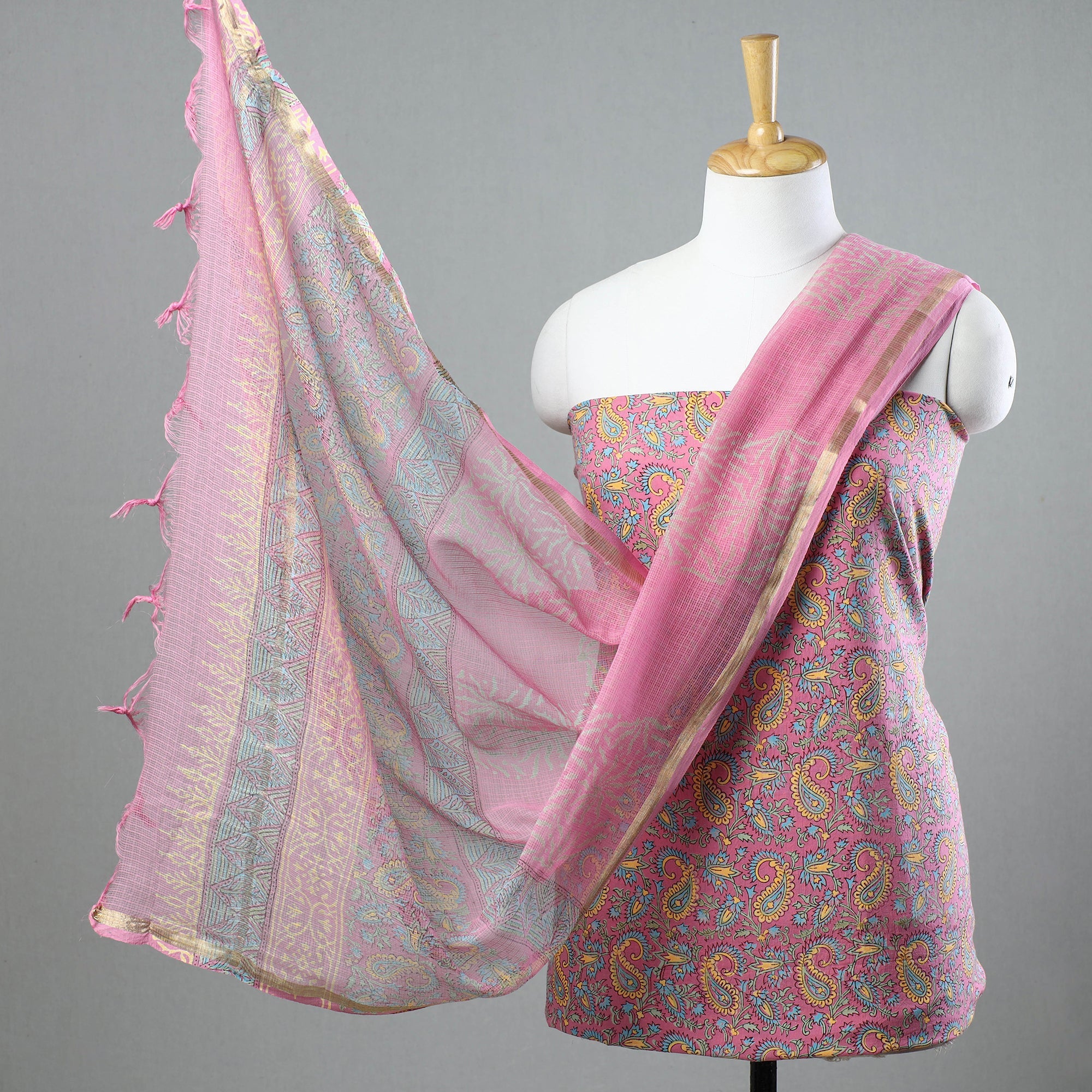 KUSUMLATA 3pc Sanganeri Block Printed Cotton Suit Material with Kota Doria Dupatta 07