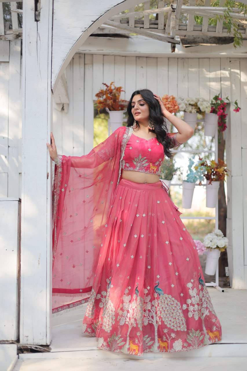 ClothsVilla Pink Elegant Gold Coin Lehenga Choli with Sequins & Thread Embroidery - view 3