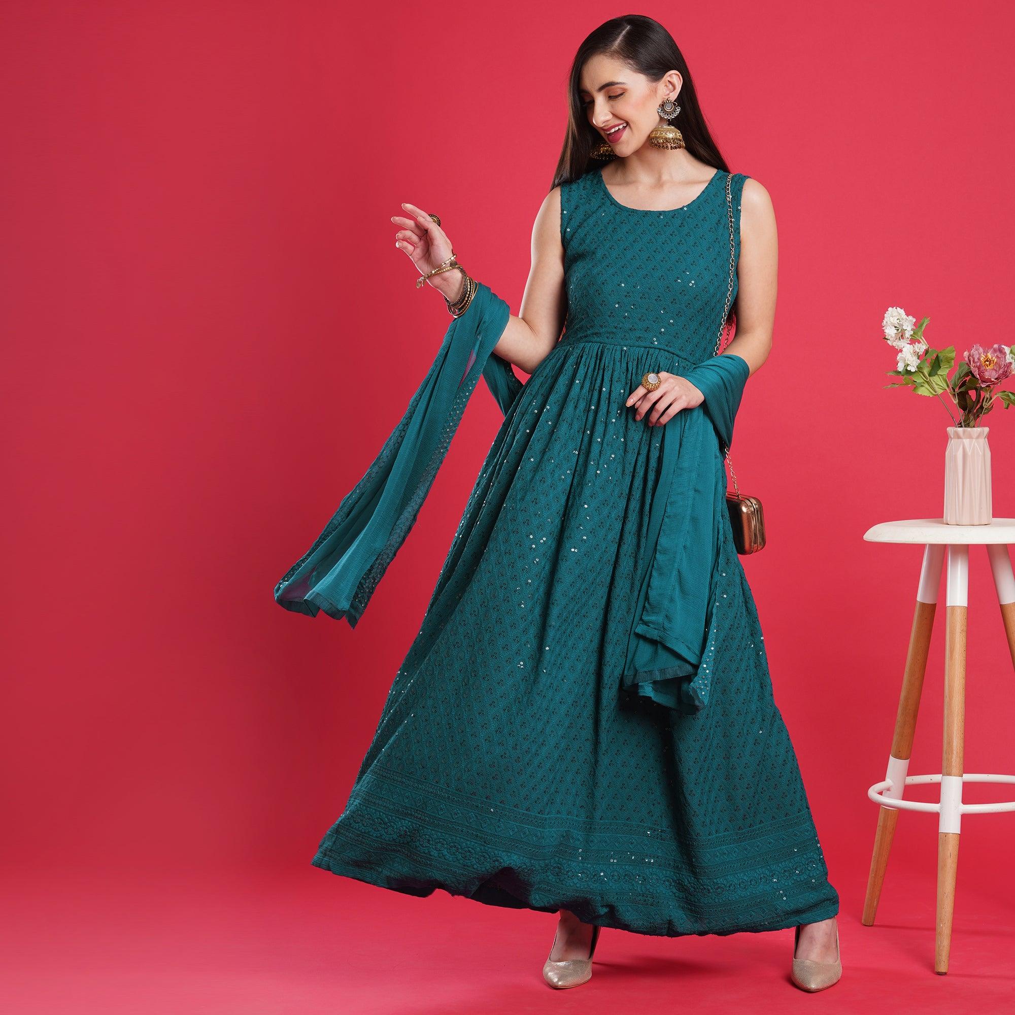 Peachmode Morpich Chikankari Rayon Anarkali Style Gown