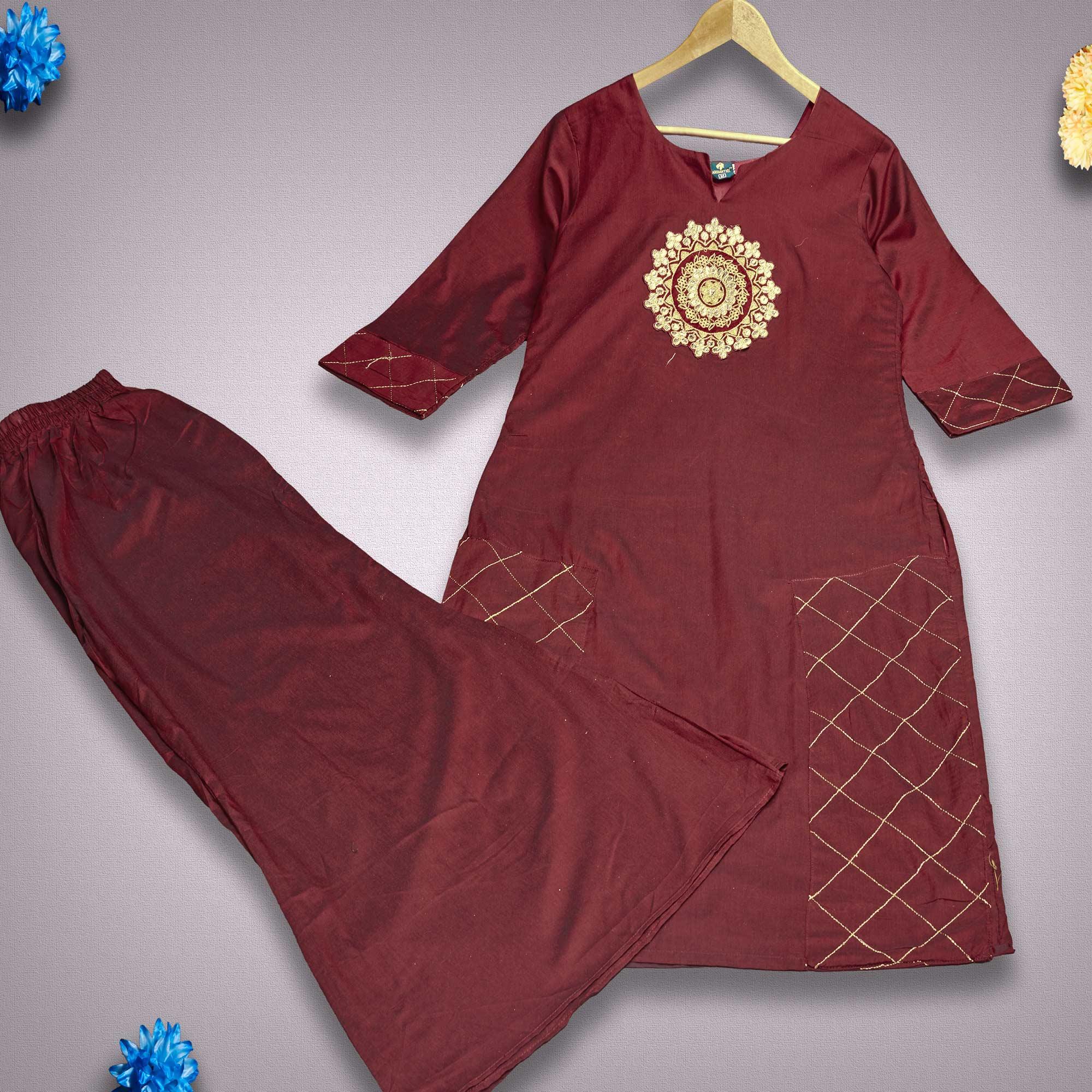 Peachmode Seller Intricate Maroon Colored Partywear Embroidered Pure Viscose Silk Kurti-Palazzo Set