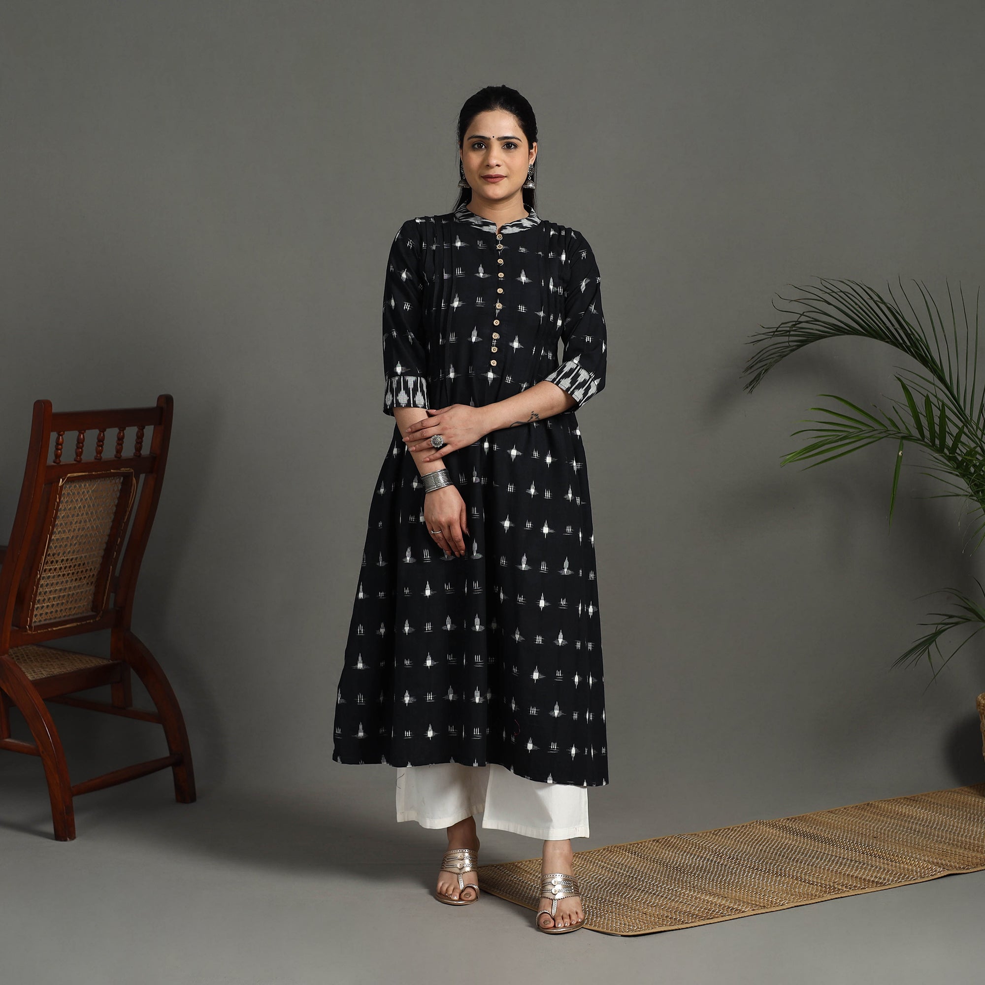 ITOKRI CASUALS Black - Handloom Cotton A-Line Pochampally Double Ikat Kurta 04 - view 2