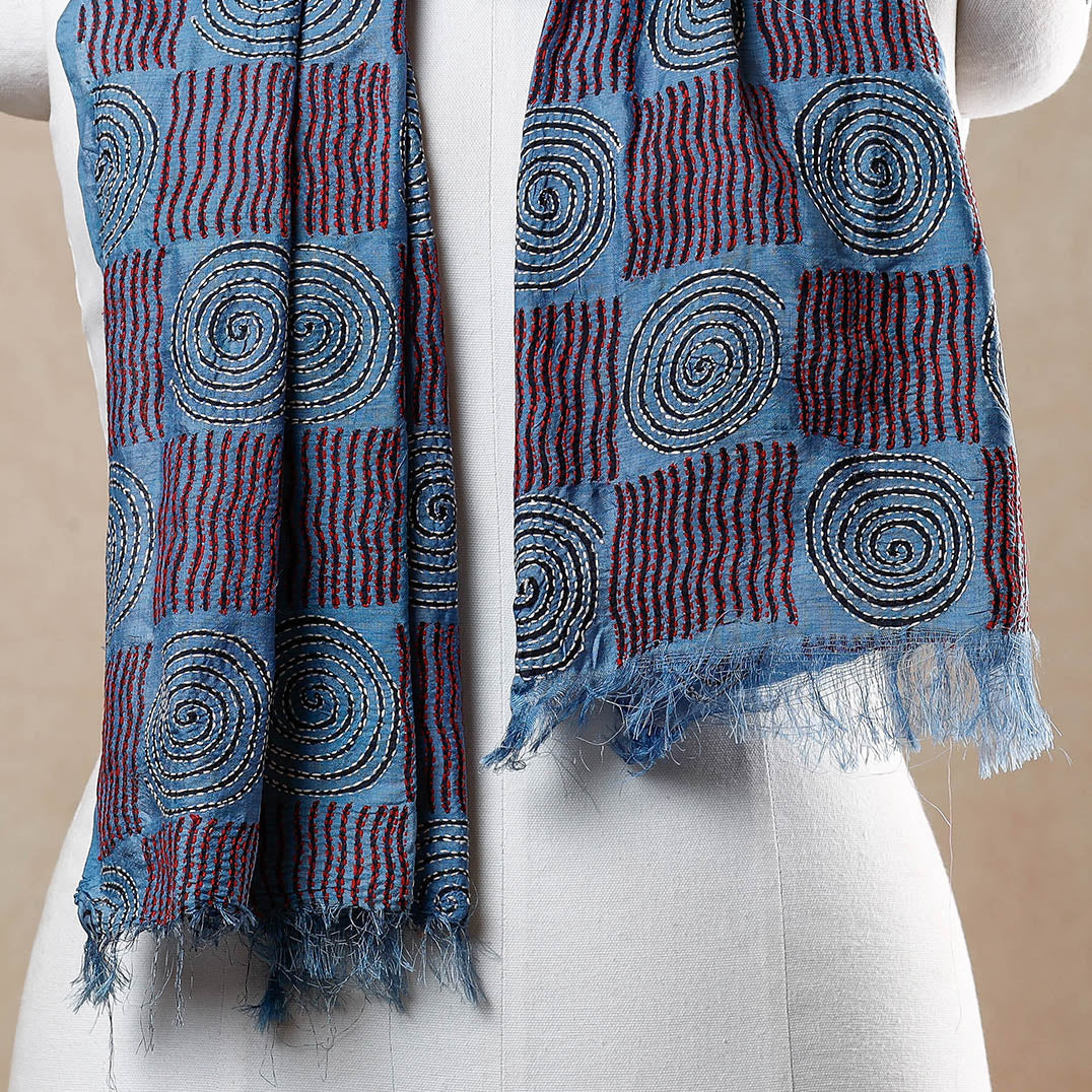 KHUSHBASH - HAPPY LOOM OF EAST Blue - Bengal Kantha Embroidery Block Printed Silk Handloom Stole - view 2