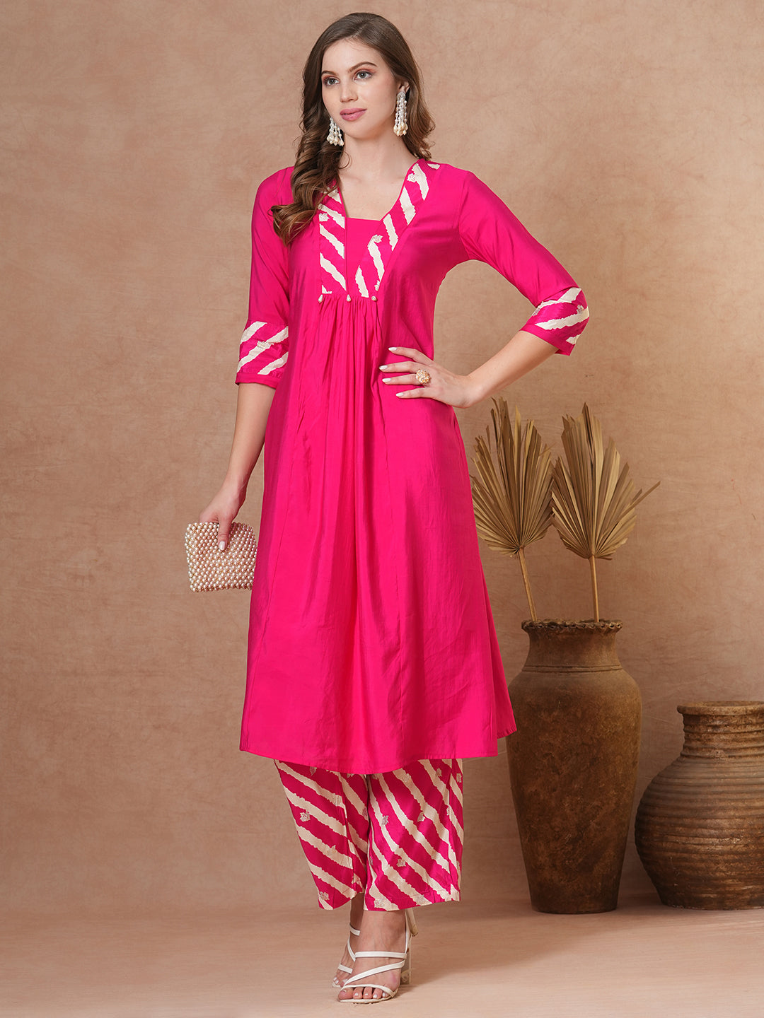 FASHOR Solid Ethnic Leheriya & Printed A-Line Co-ord Set - Pink