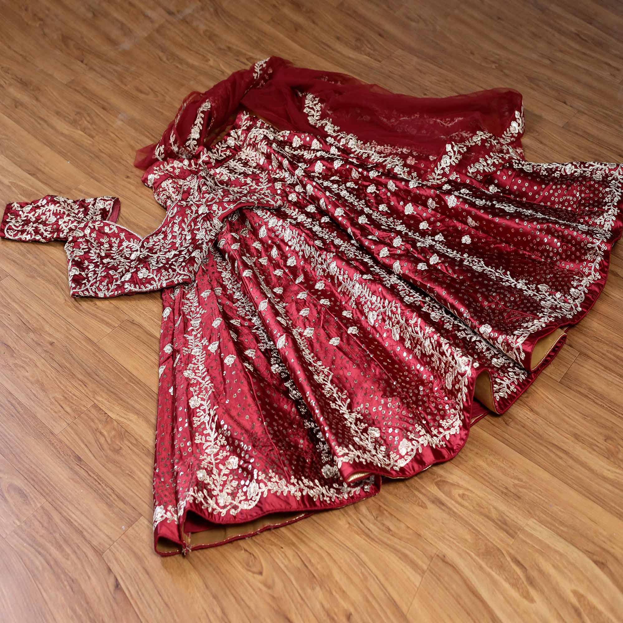 Peachmode Maroon Embroidered Satin Lehenga Choli - view 3