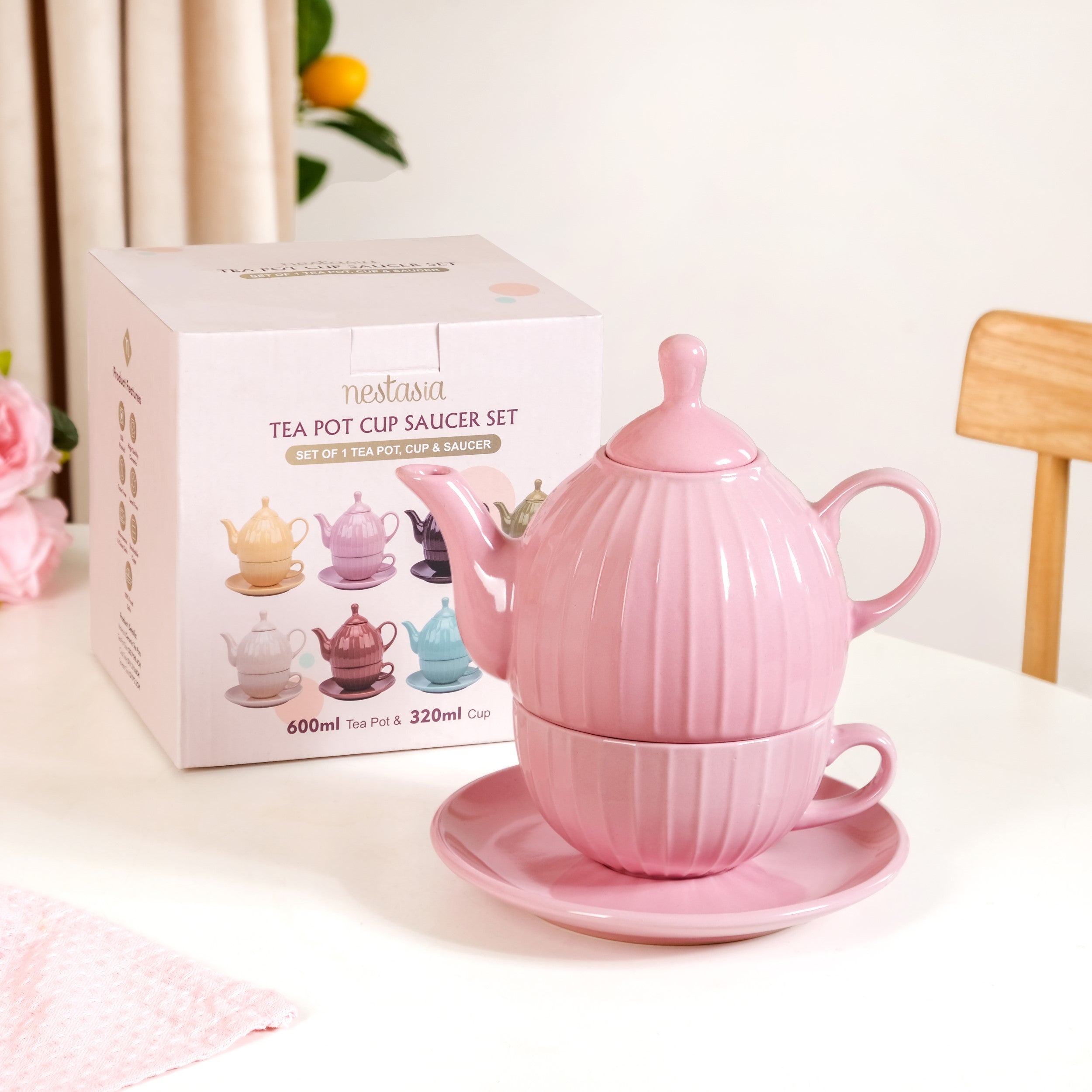 Nestasia Ambrosia Ceramic Tea Kettle Cup And Saucer Set For 1 Pink