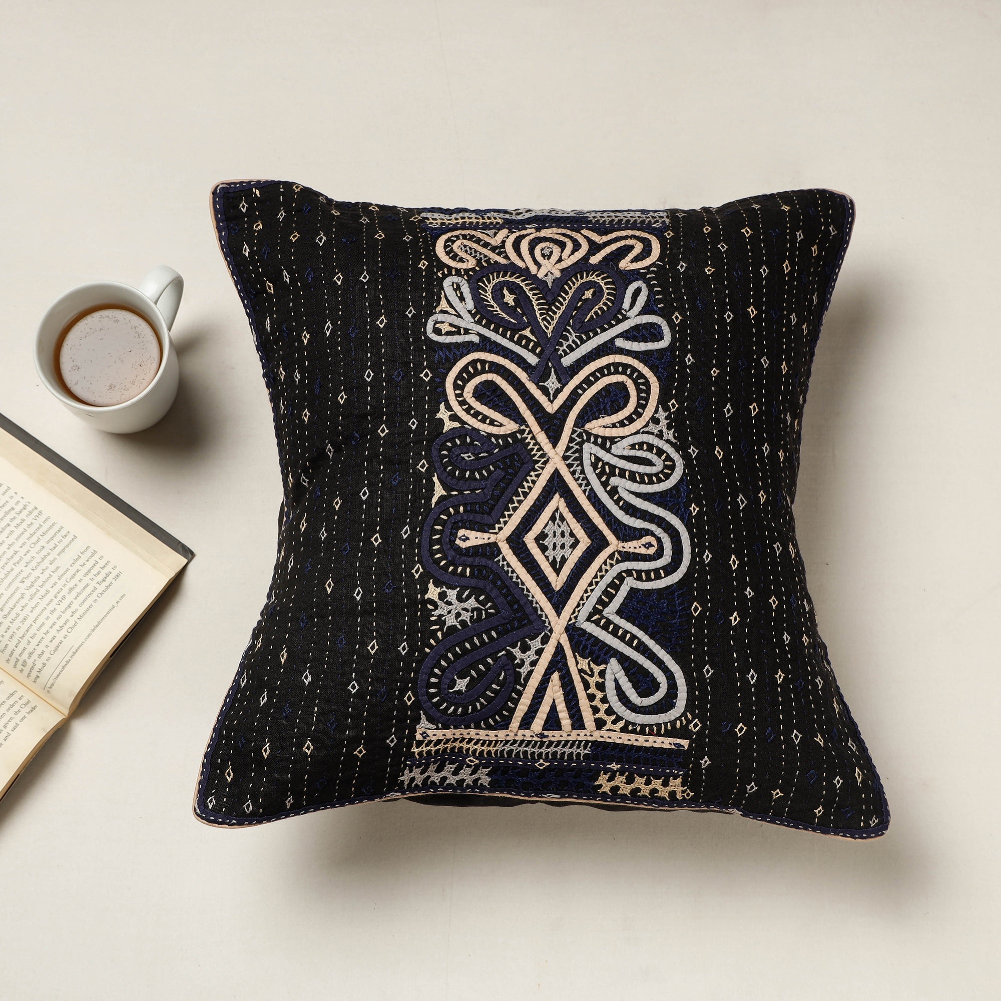 QASAB Black - Kutch Dhebariya Qatab Hand Embroidered Cotton Cushion Cover (16 x 16 in)