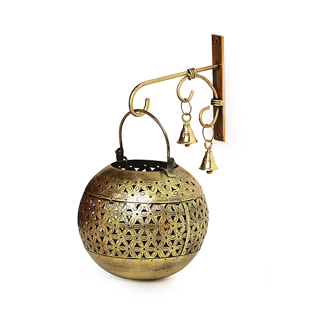 EXCLUSIVELANE 'Floral Fresh' Hand-Etched Hanging Tea-Light Holder In Metal with Wall Bracket (7.5 Inch) - view 2
