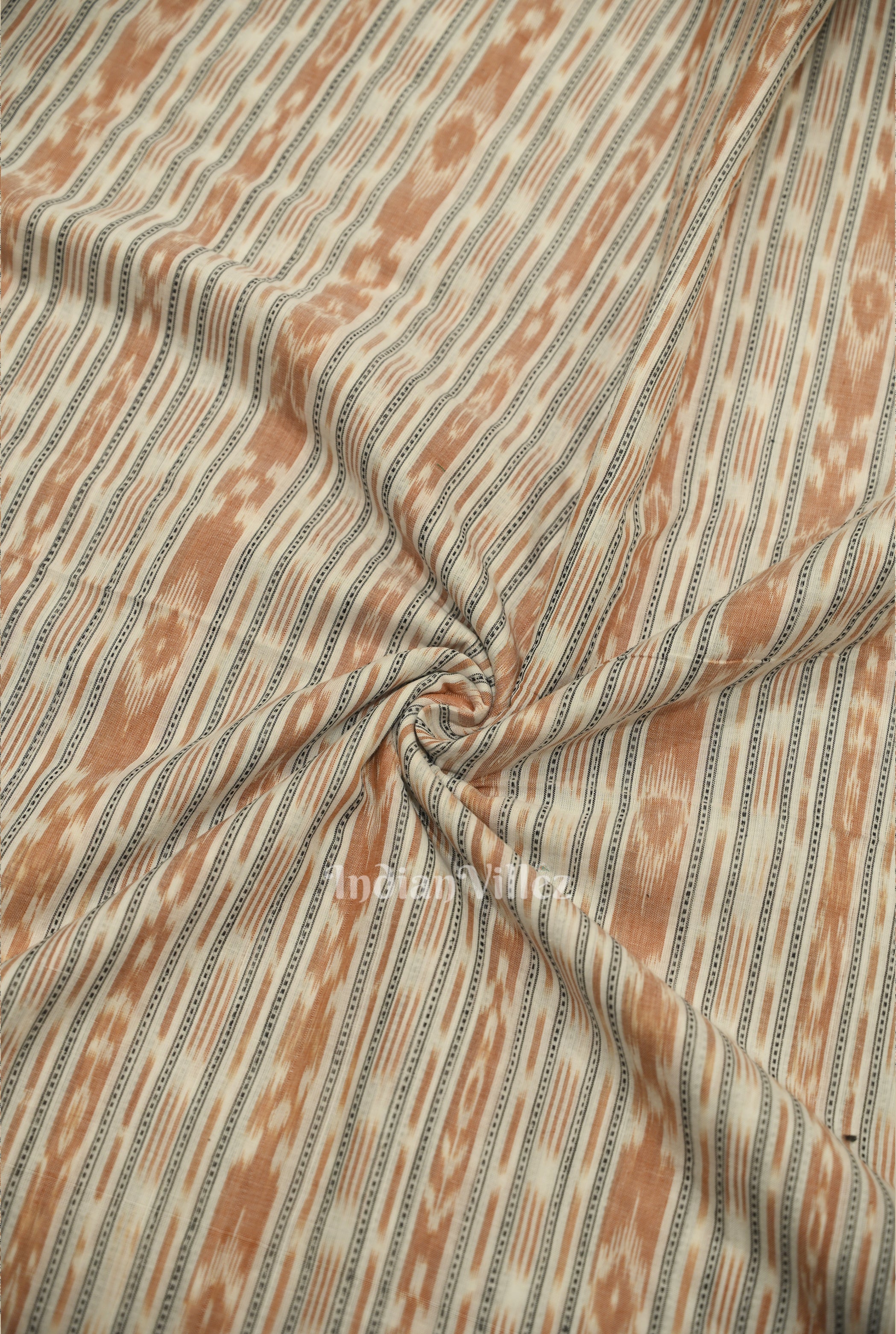 IndianVillèz White Brown Stripes Sambalpuri Odisha Ikat Cotton Fabric