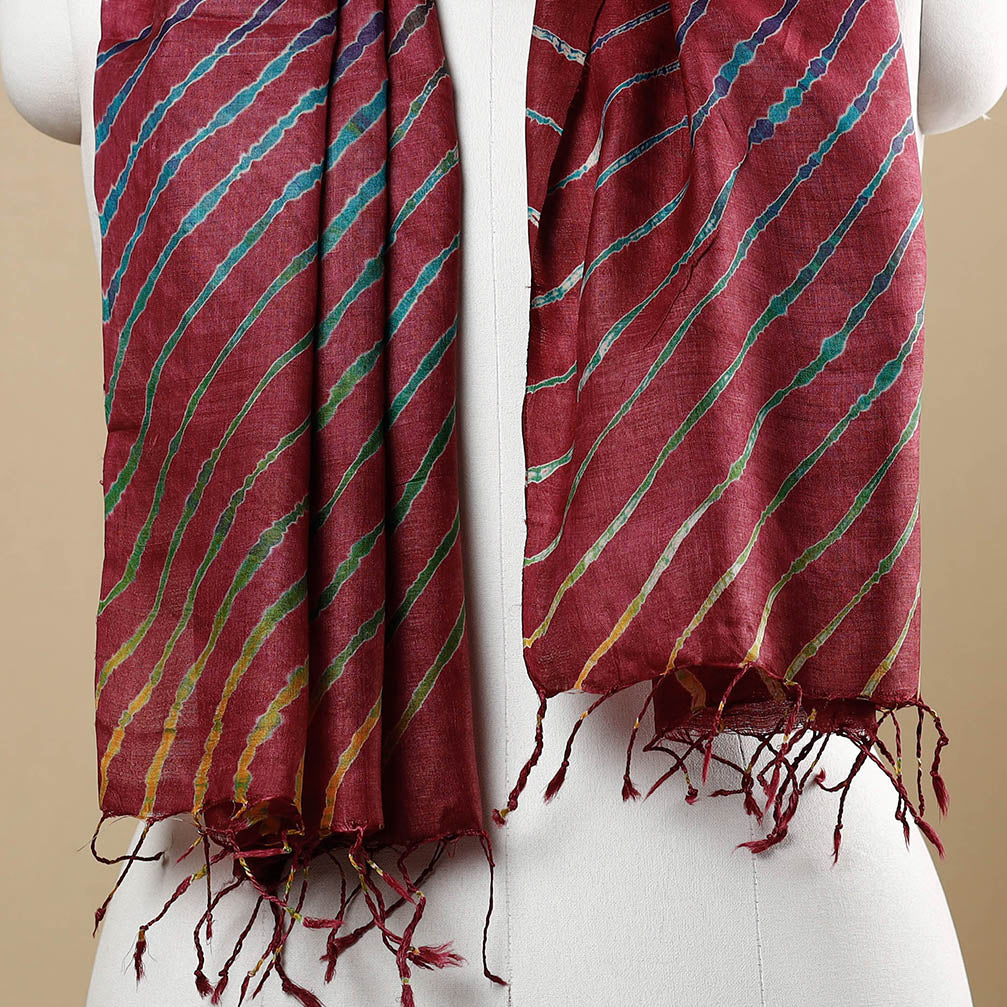 LEHARIYA BY BADSHAH MIYAN Brown - Multicolour Leheriya Tie-Dye Tussar Silk Handloom Stole with Tassels - view 2