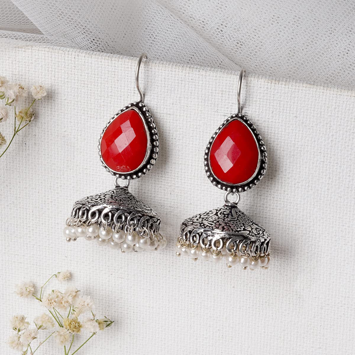 Teejh Sahasra Red Stone Silver Oxidised Earrings For Women - view 3