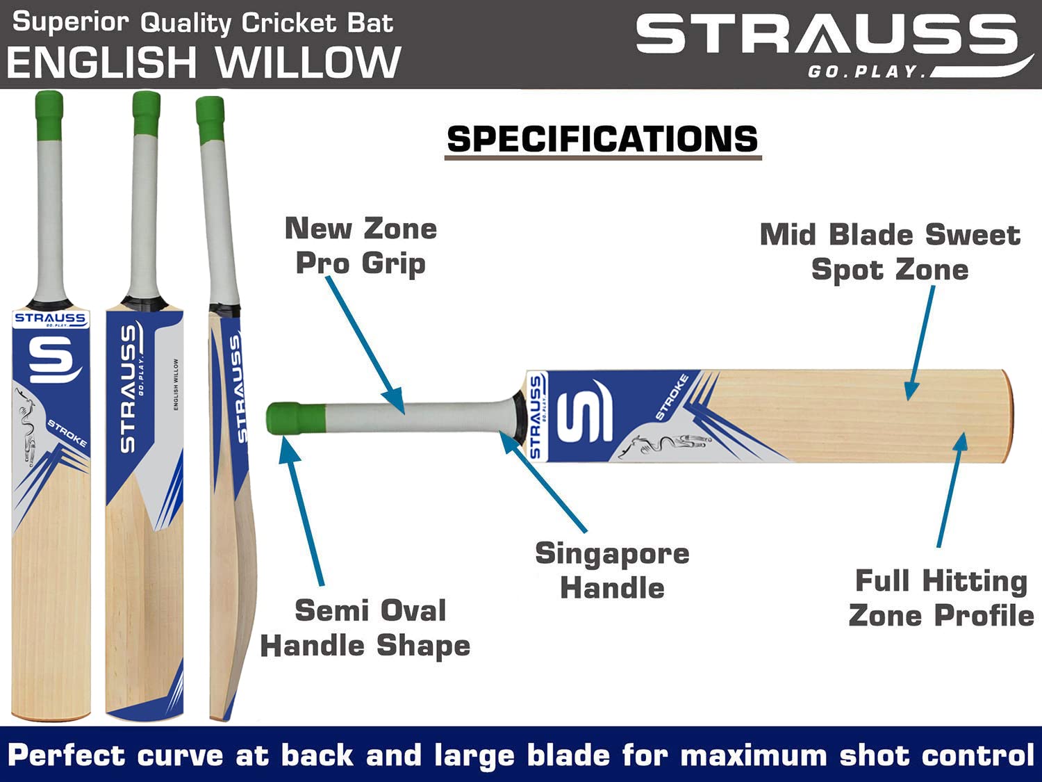 Strauss Cricket Bat English Willow | Premium Leather Ball Bat for Cricket | Ideal for Professional Players, Beginners, and Practice Sessions| Ergonomi - view 2