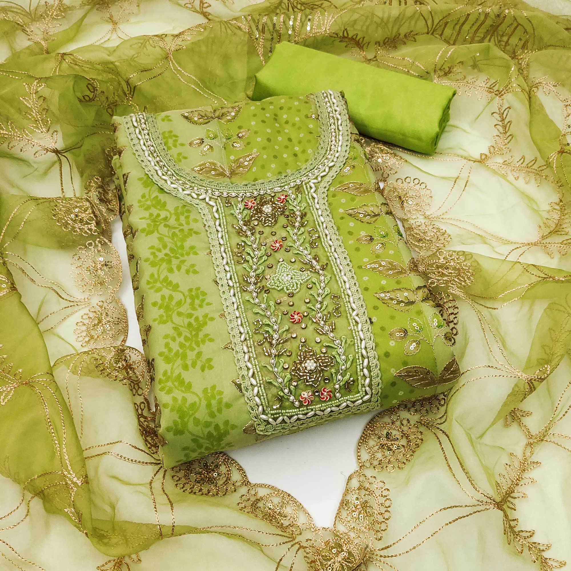 Green dresses – BlackTree green-floral-sequins-embroidery-with-printed-organza-dress-material