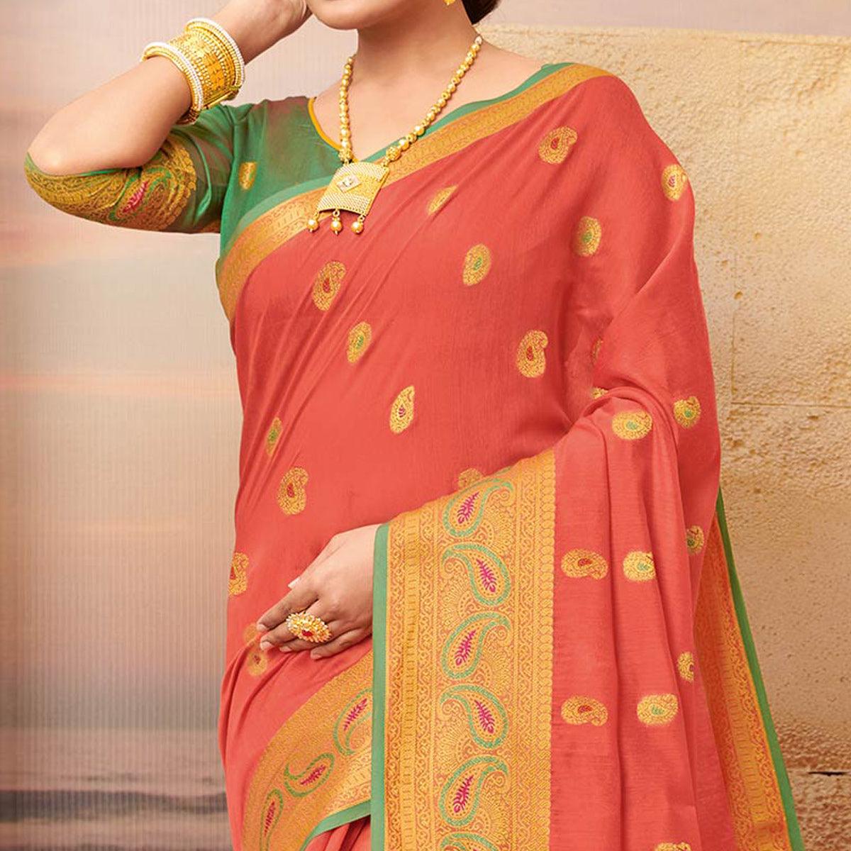 Peachmode Charming Peach Colored Festive Wear Woven Cotton Saree - view 2