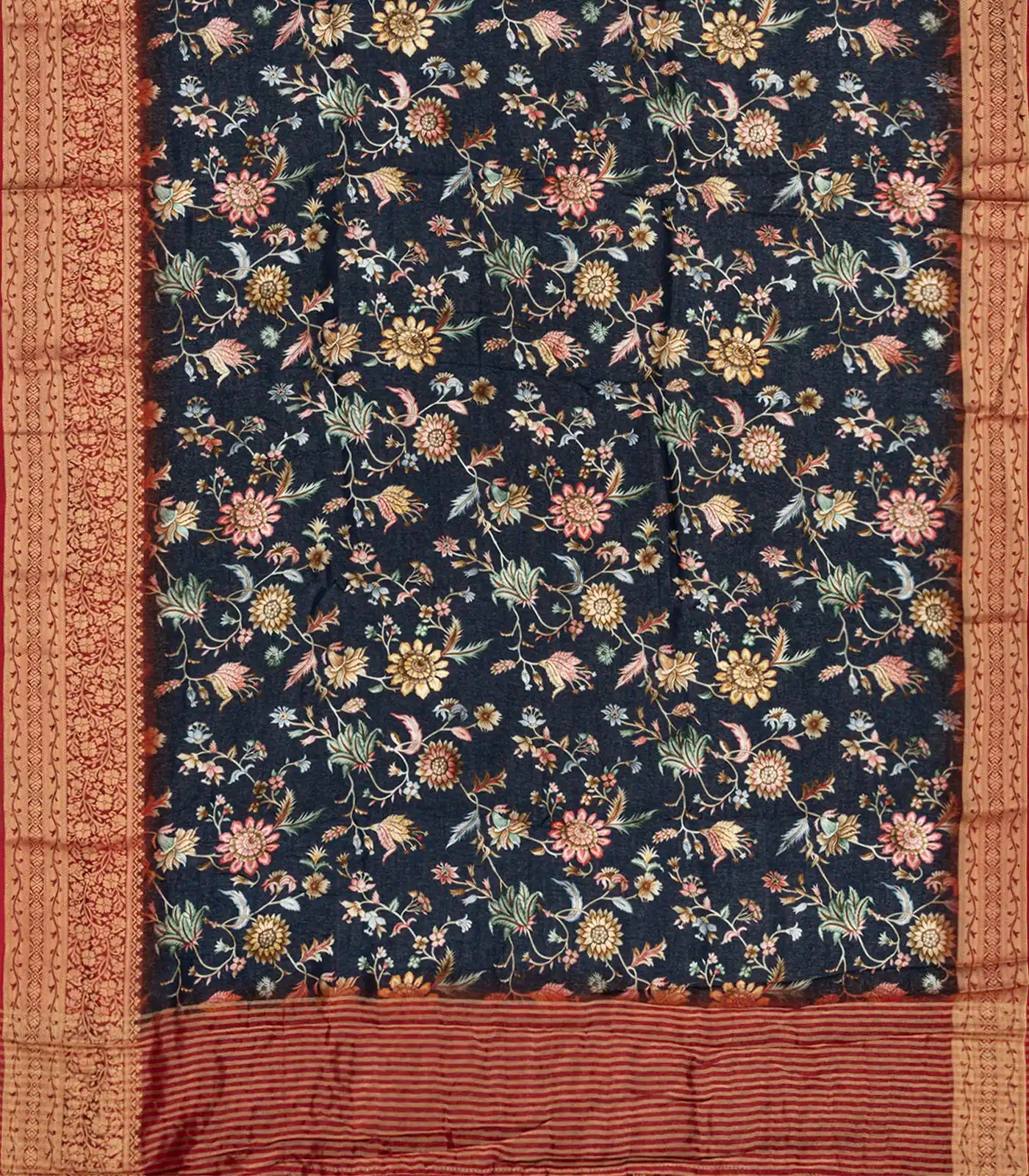 RmKV Black Woven Chanderi Viscose Printed Saree With Floral Vine Motifs-Black - view 2
