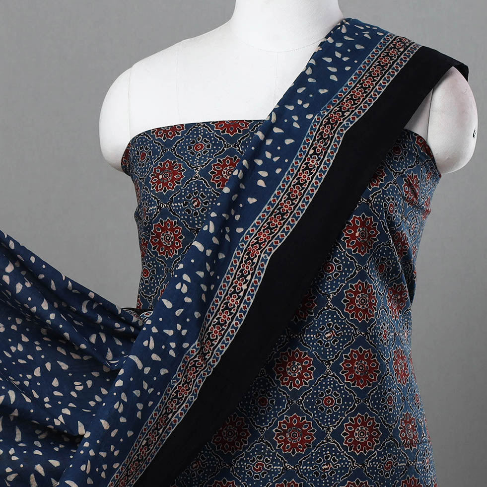 AJRAKH BY SUFIYAN ISMAIL KHATRI Blue - Hand Block Print Cotton 3pc Ajrakh Dress Material 05 - view 3