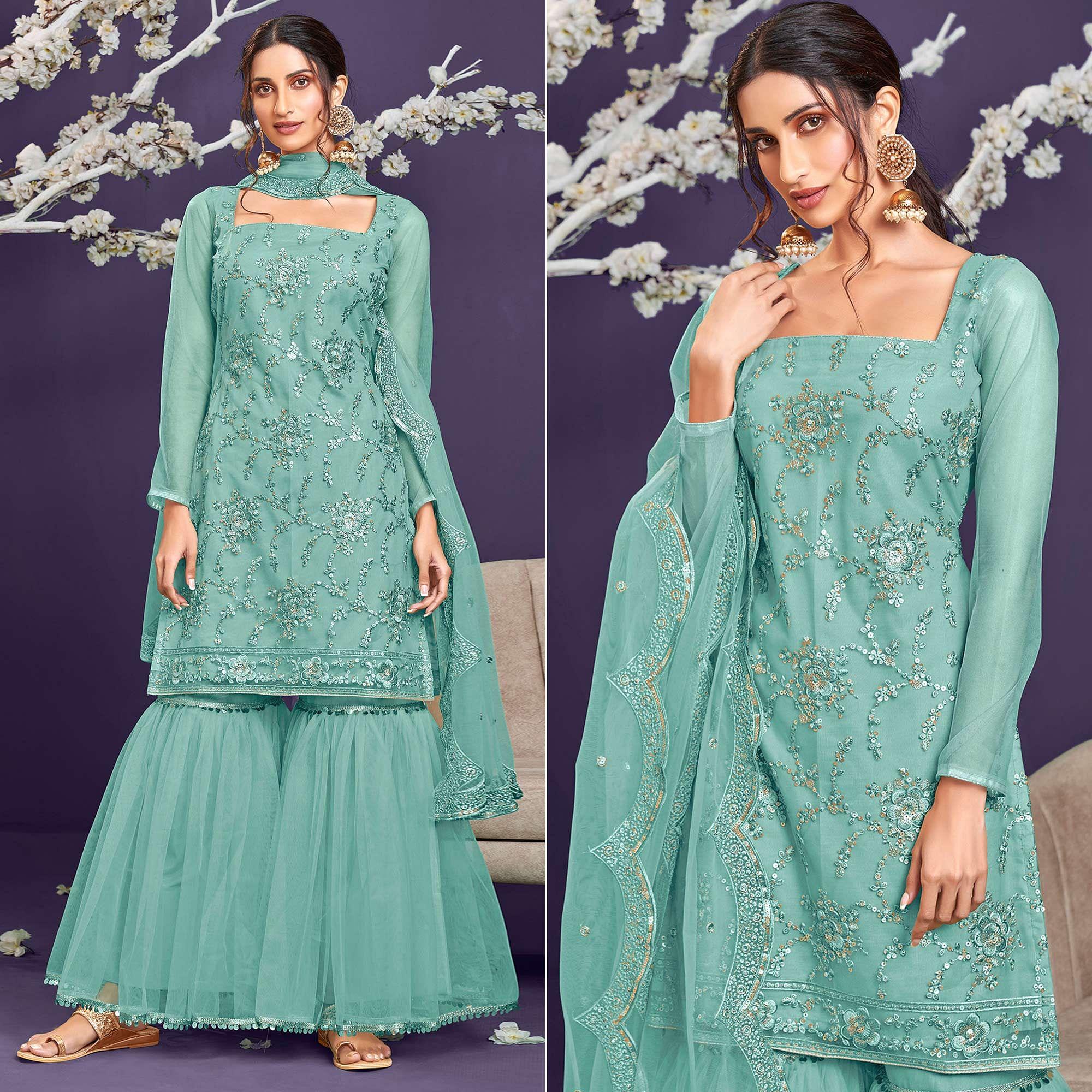 Peachmode Mint Green Sequins Embroidered Netted Sharara Suit