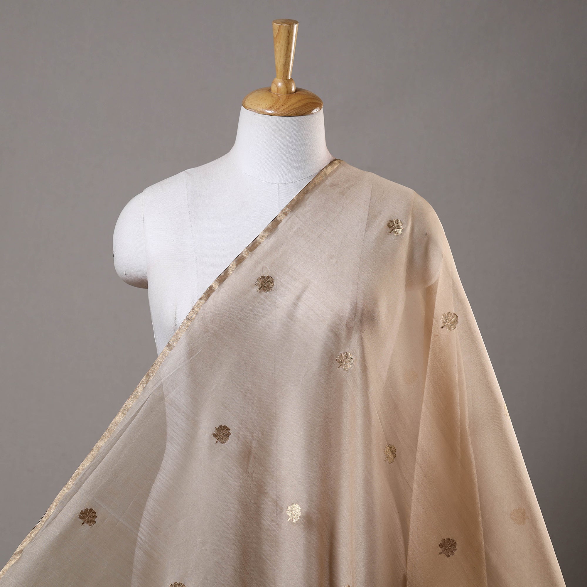 CHANDERI BY RAUPH KHAN Beige - Handloom Silk Cotton Leaf Zari Buta Chanderi Fabric 01