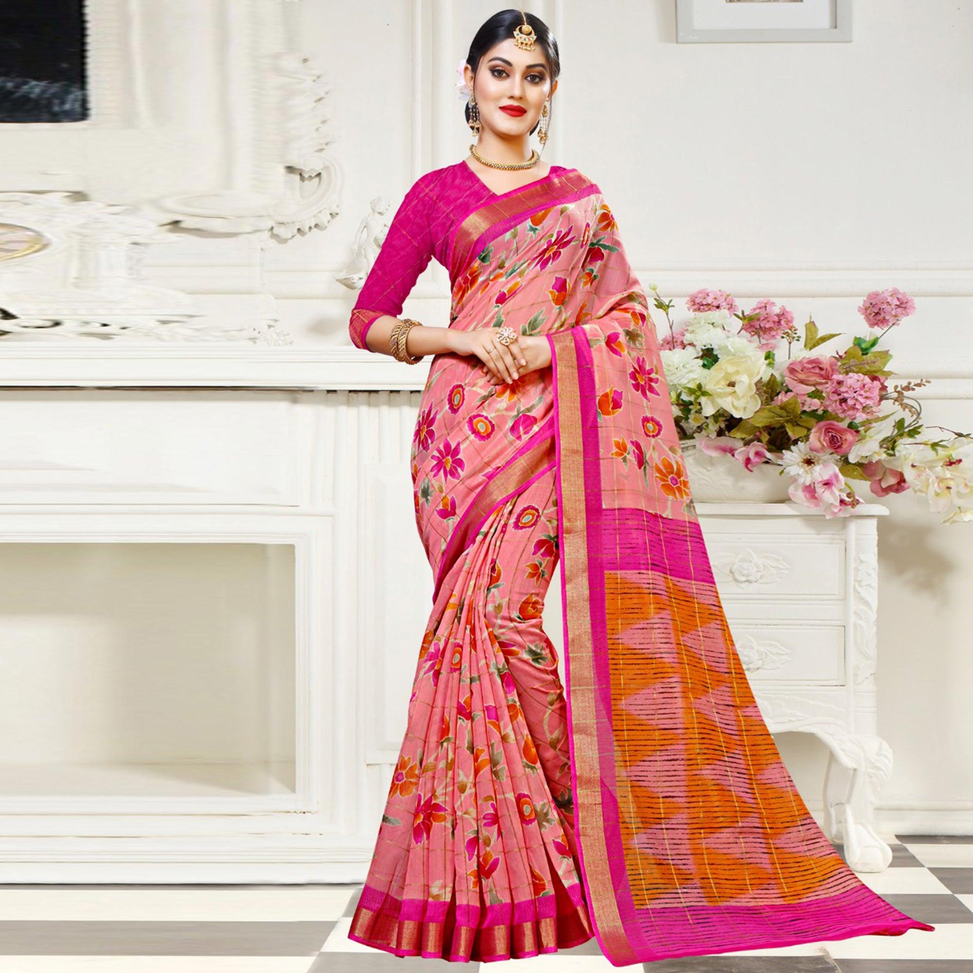Peachmode Lovely Pink Colored Casual Floral Printed Cotton Saree - view 3