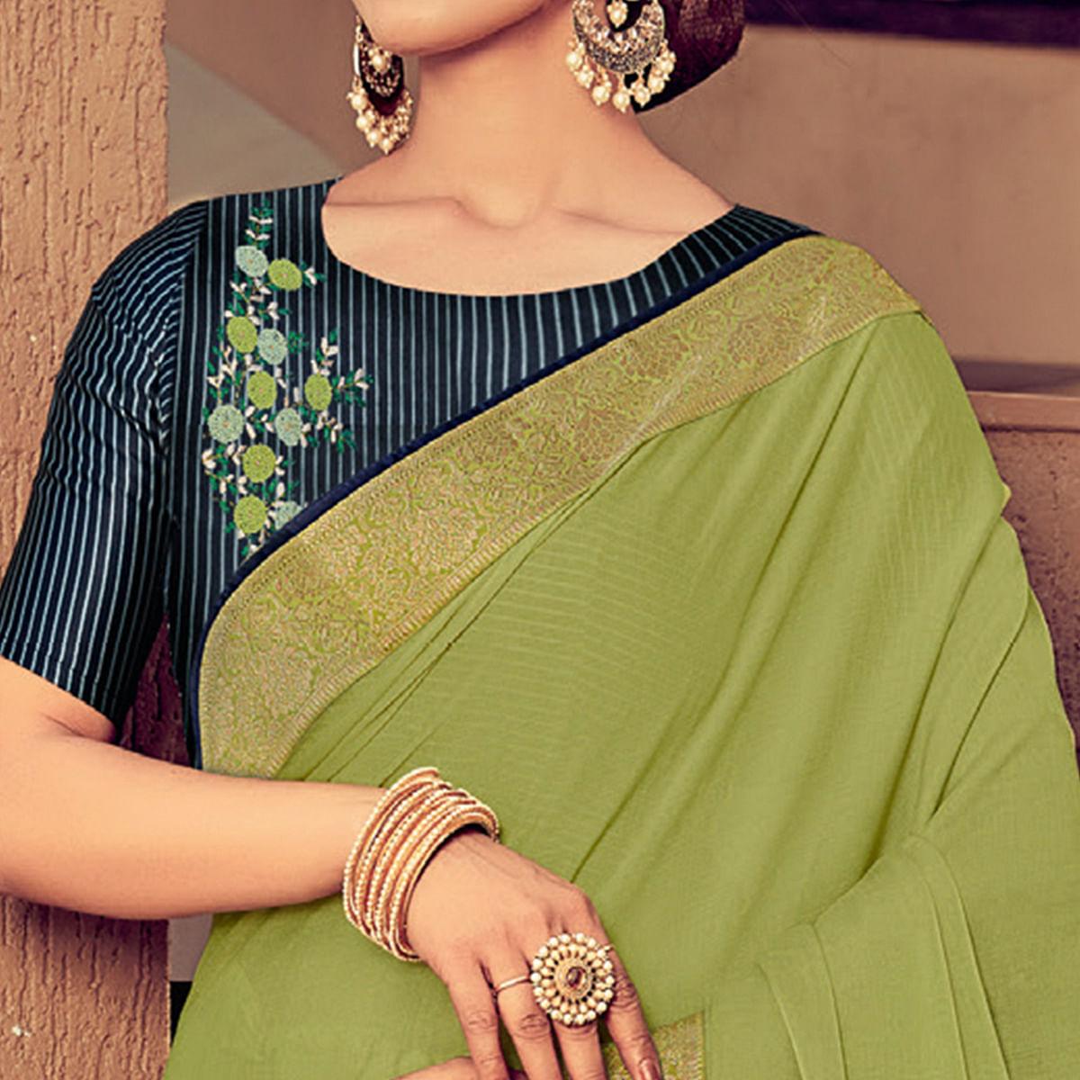 Peachmode Mehendi Green Festive Wear Solid Chiffon Saree With Border - view 2
