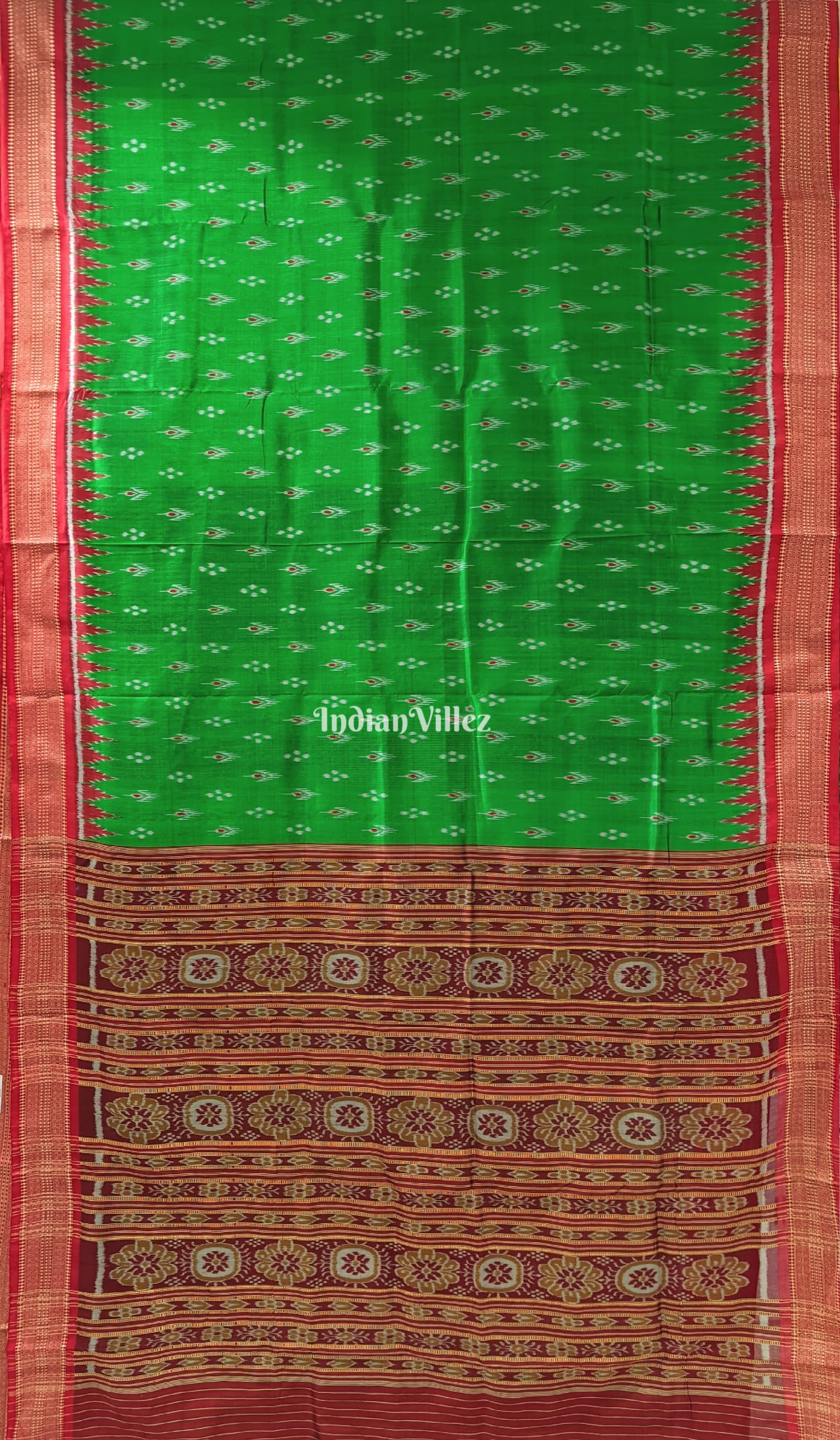 IndianVillèz Green Mayur Chandrika Odisha Ikat Khandua Silk Saree