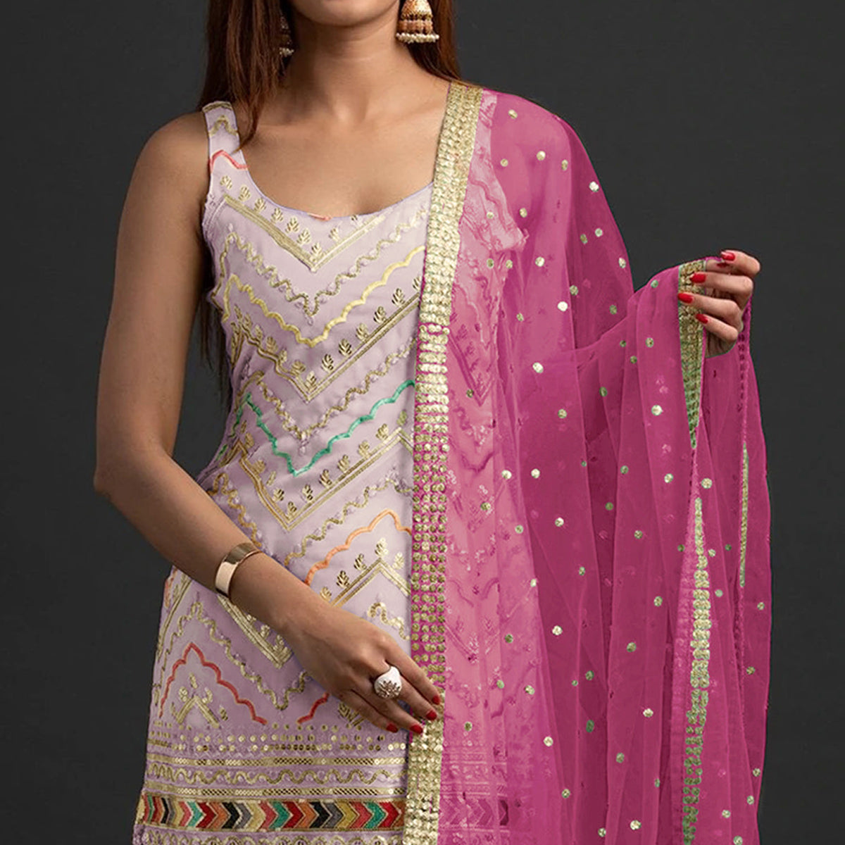 Peachmode Lavender Embroidered Georgette Sharara Suit - view 3