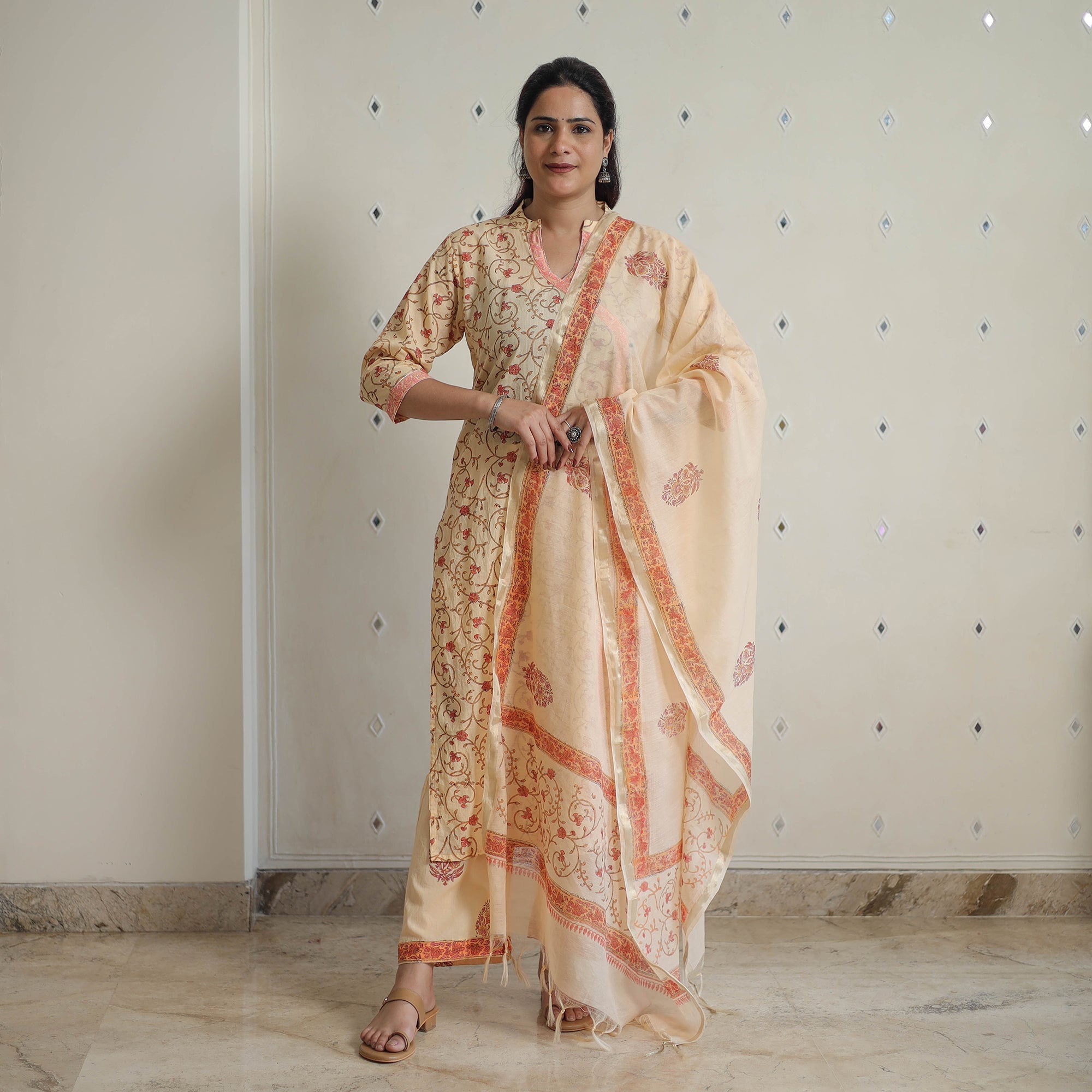 ITOKRI CASUALS Beige - Sanganeri Block Print Cotton Kurta Suit Set 05 - view 2