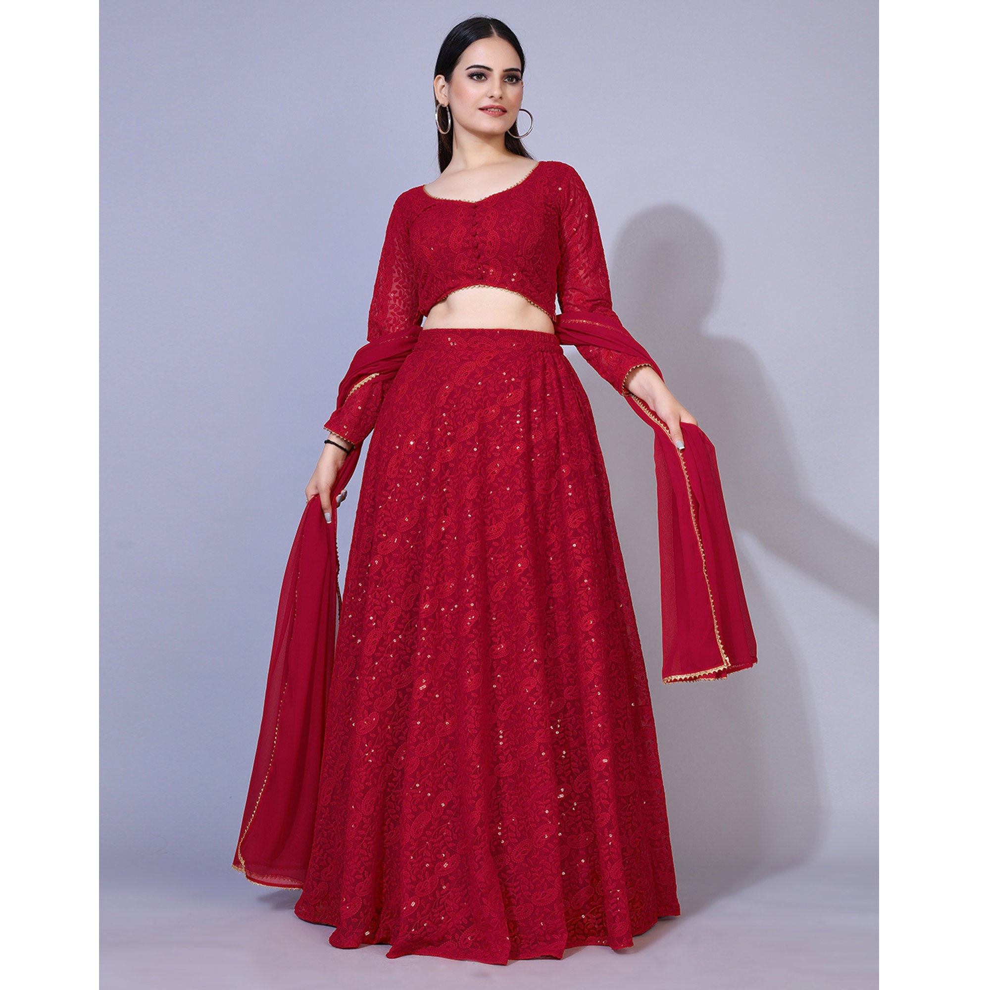 Peachmode Seller Dark Red Lucknowi Chikankari Work Georgette Lehenga Choli - view 3