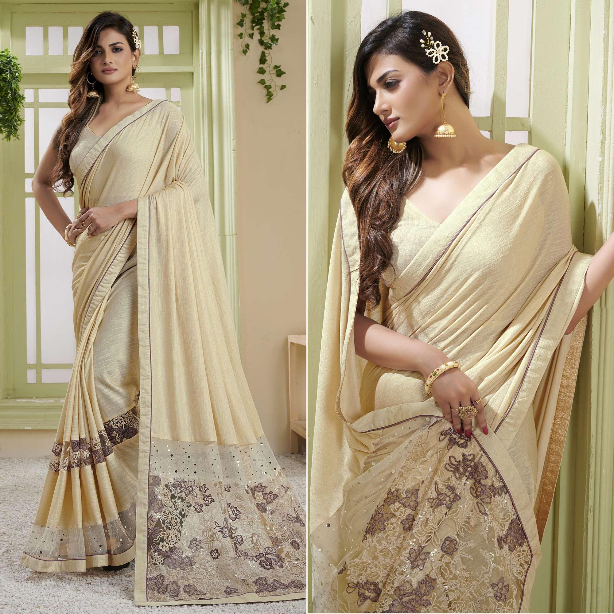 Peachmode Cream Party Wear Embellished Lycra Ready to Wear Saree