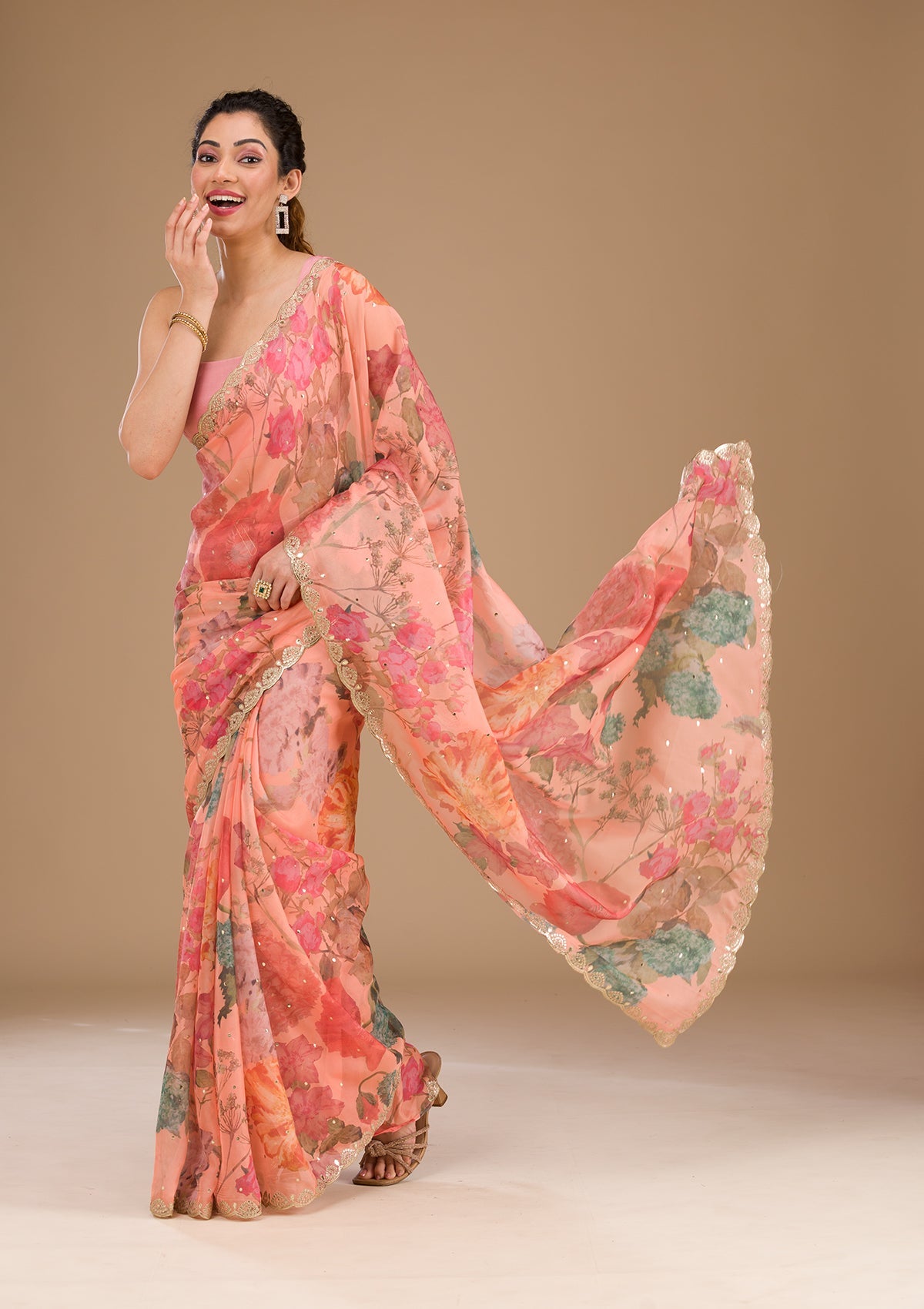 Koskii Peach Printed Tissue Saree – Women's