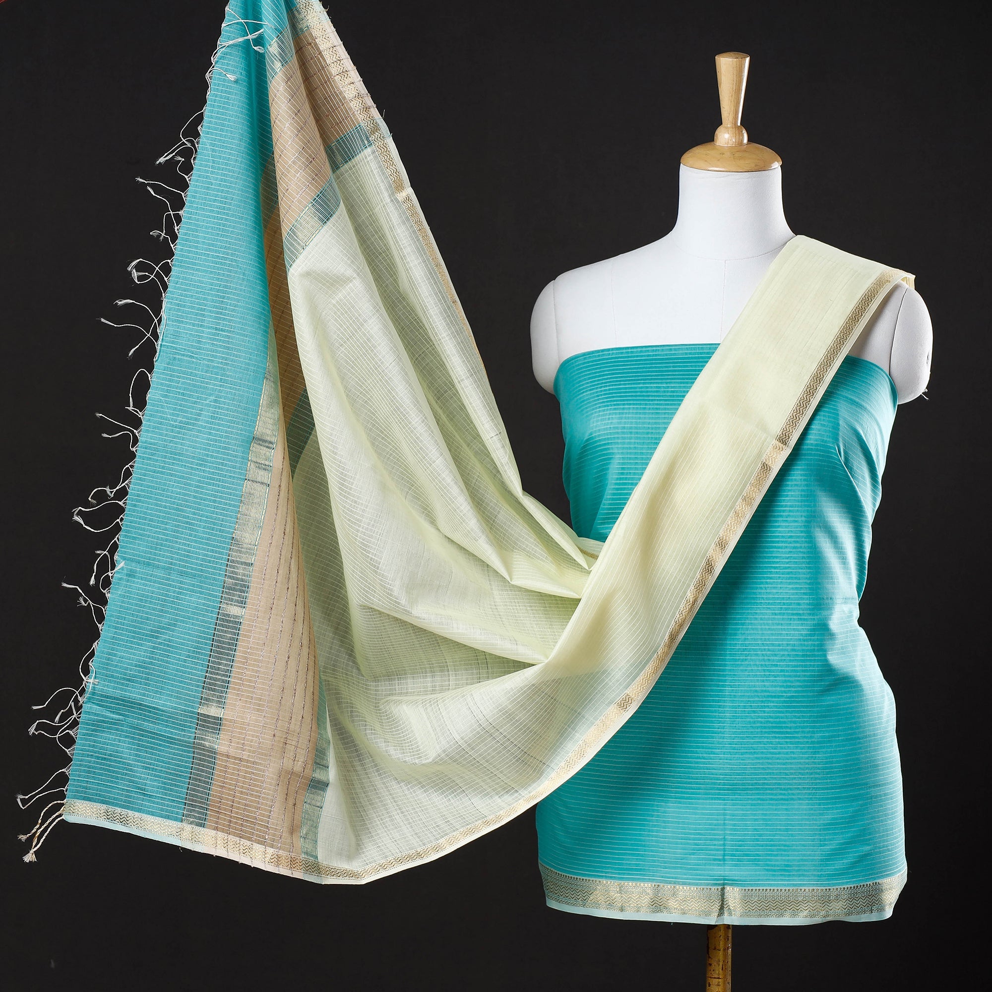 ITOKRI CRAFTS INITIATIVE Blue - 2pc Maheshwari Silk Cotton Handloom Stripe Suit Material Set with Zari Border