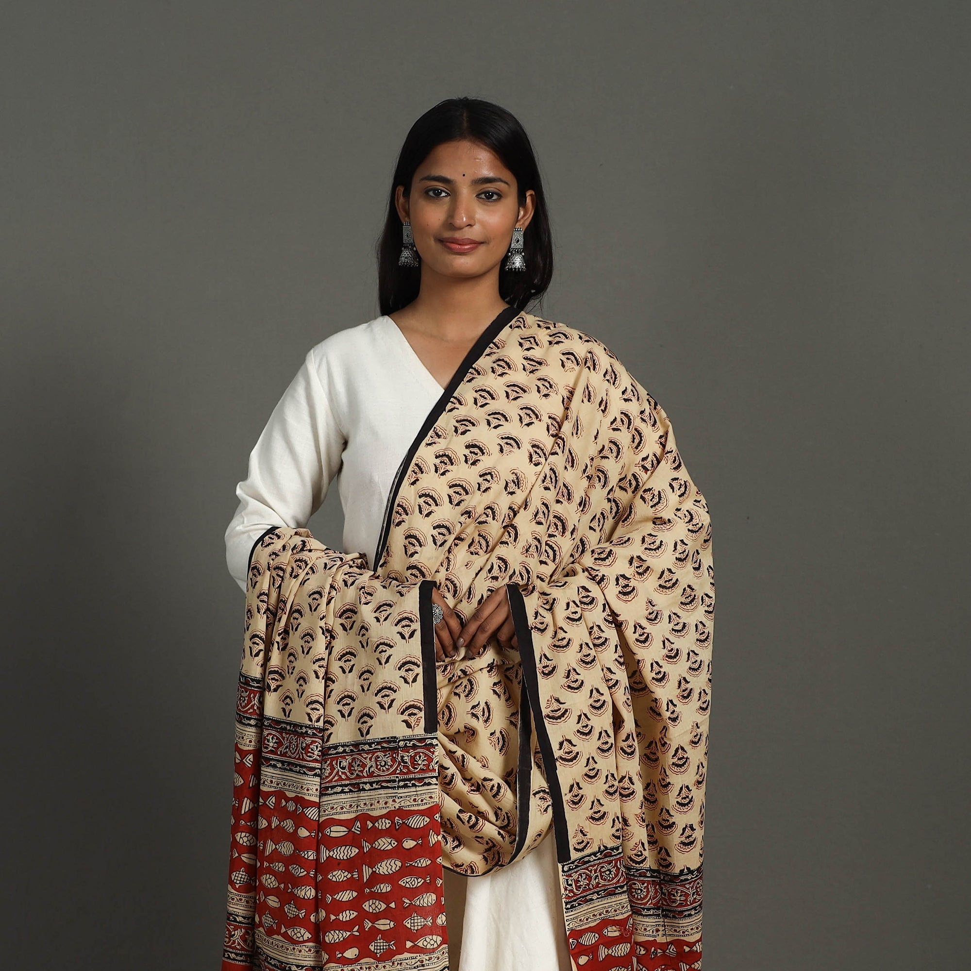 ARTISAN HAND BLOCK PRINTS Beige - Block Print Mul Cotton Bagru Dupatta 29 - view 3