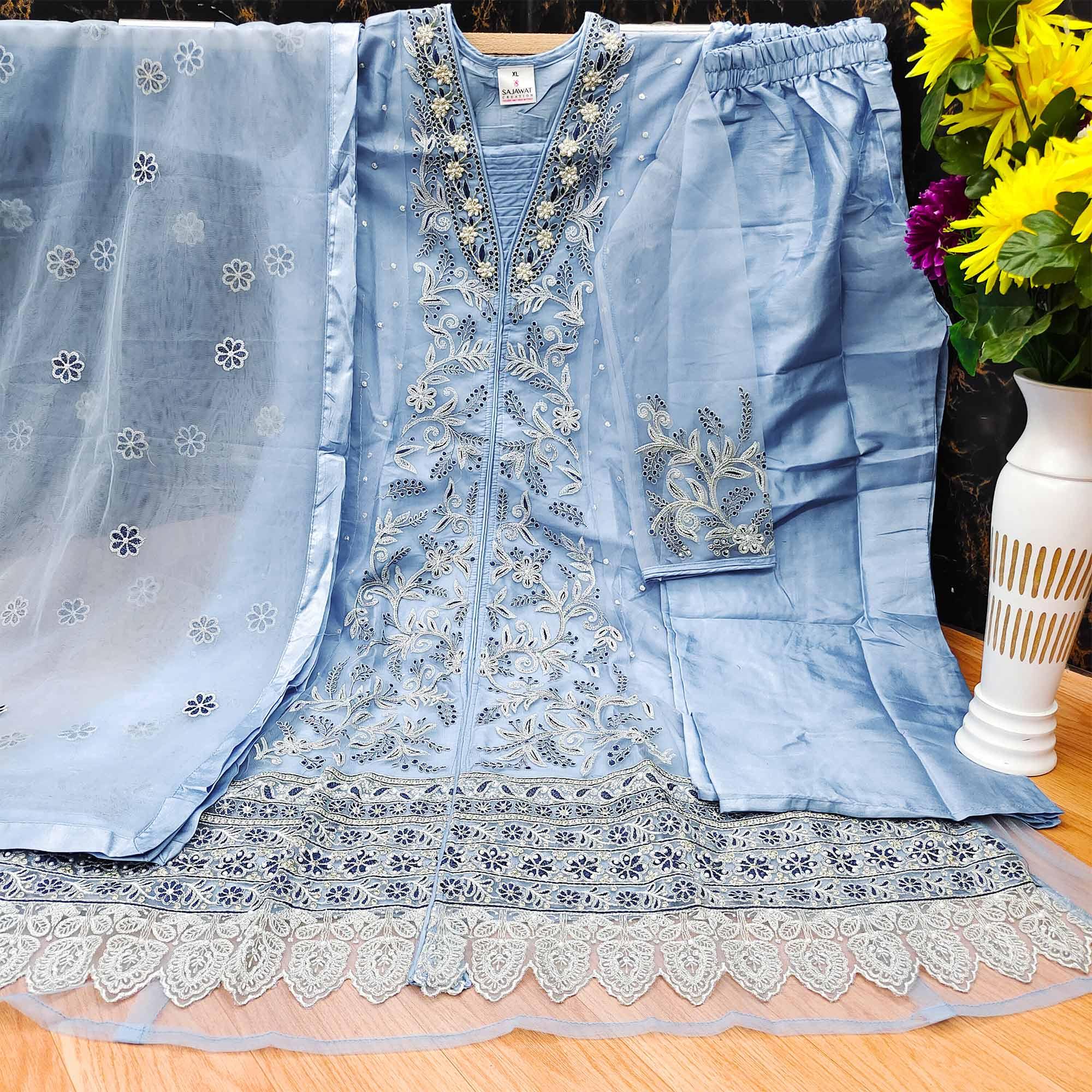 Peachmode Seller Light Blue Embroidered With Embellished Net Pakistani Suit - view 3