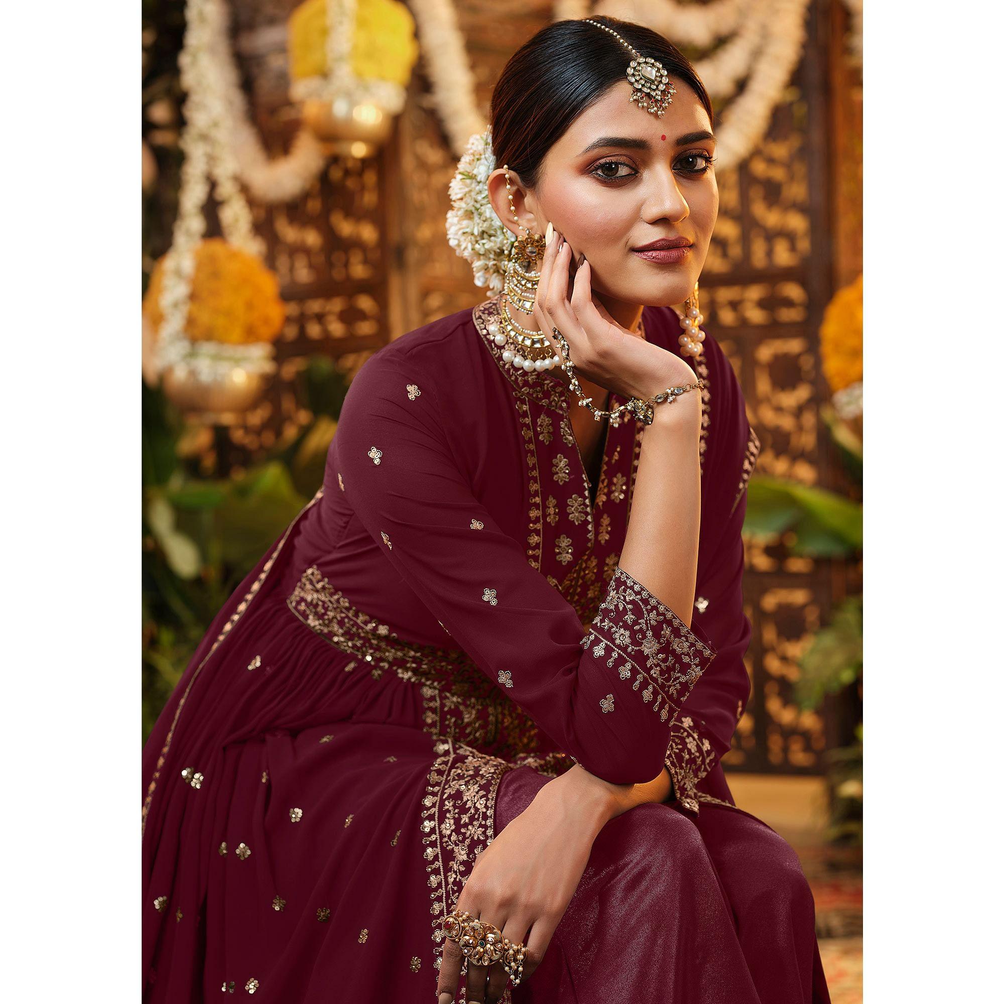 Peachmode Maroon Embroidered Georgette Anarkali Suit - view 2