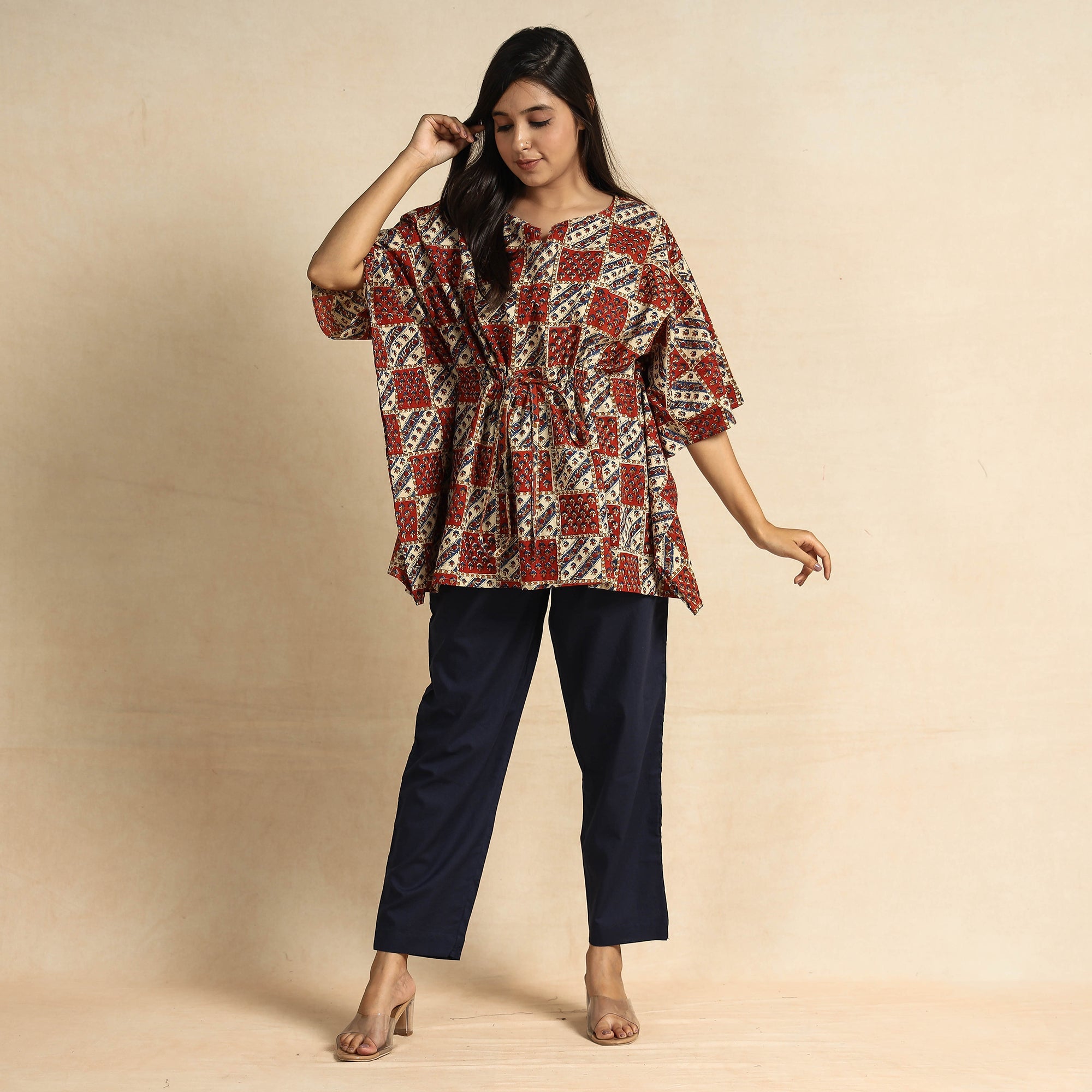 CHUTNEY CRAFT STUDIO Brown - Ajrakh Block Printed Cotton Kaftan & Pyjama Night Suit Set